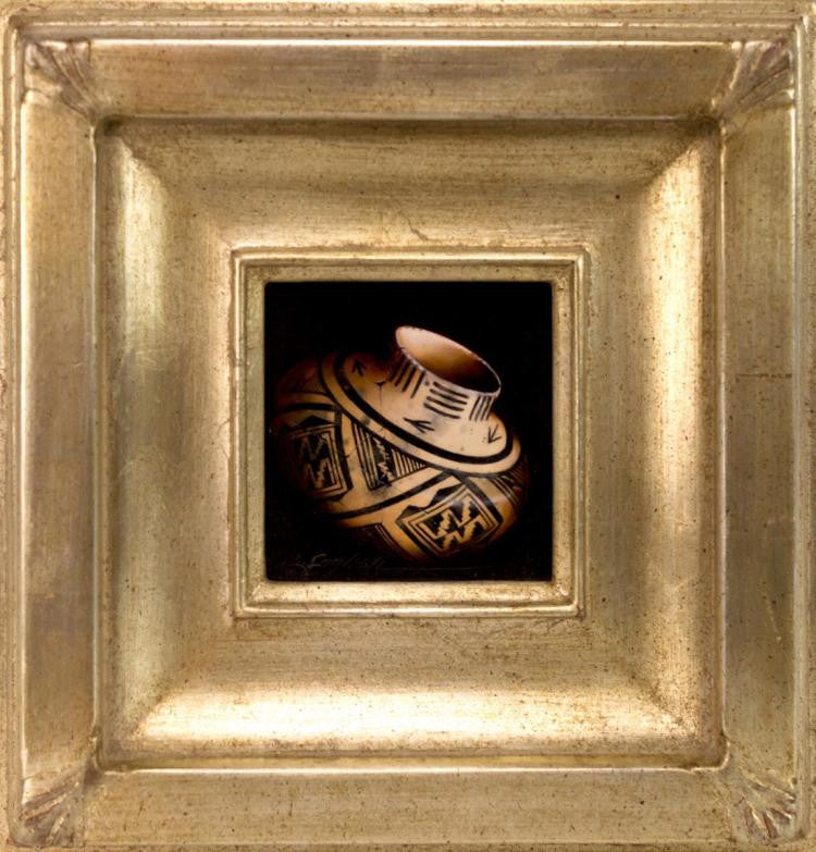 Oil on Board Painting by Cheryl English Depicting a Native American Pot
