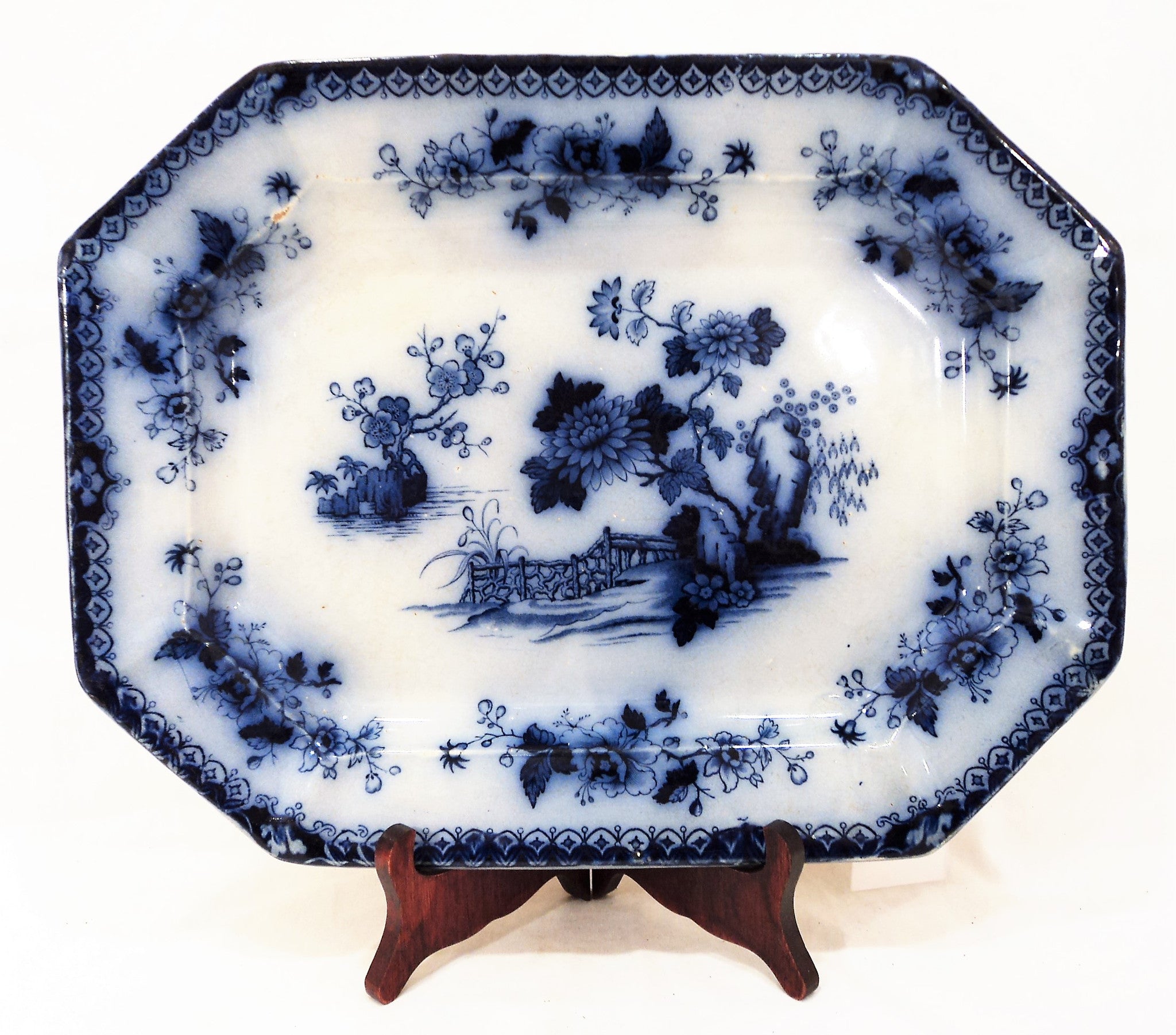 1860s Antique Flow Blue Octagonal Platter