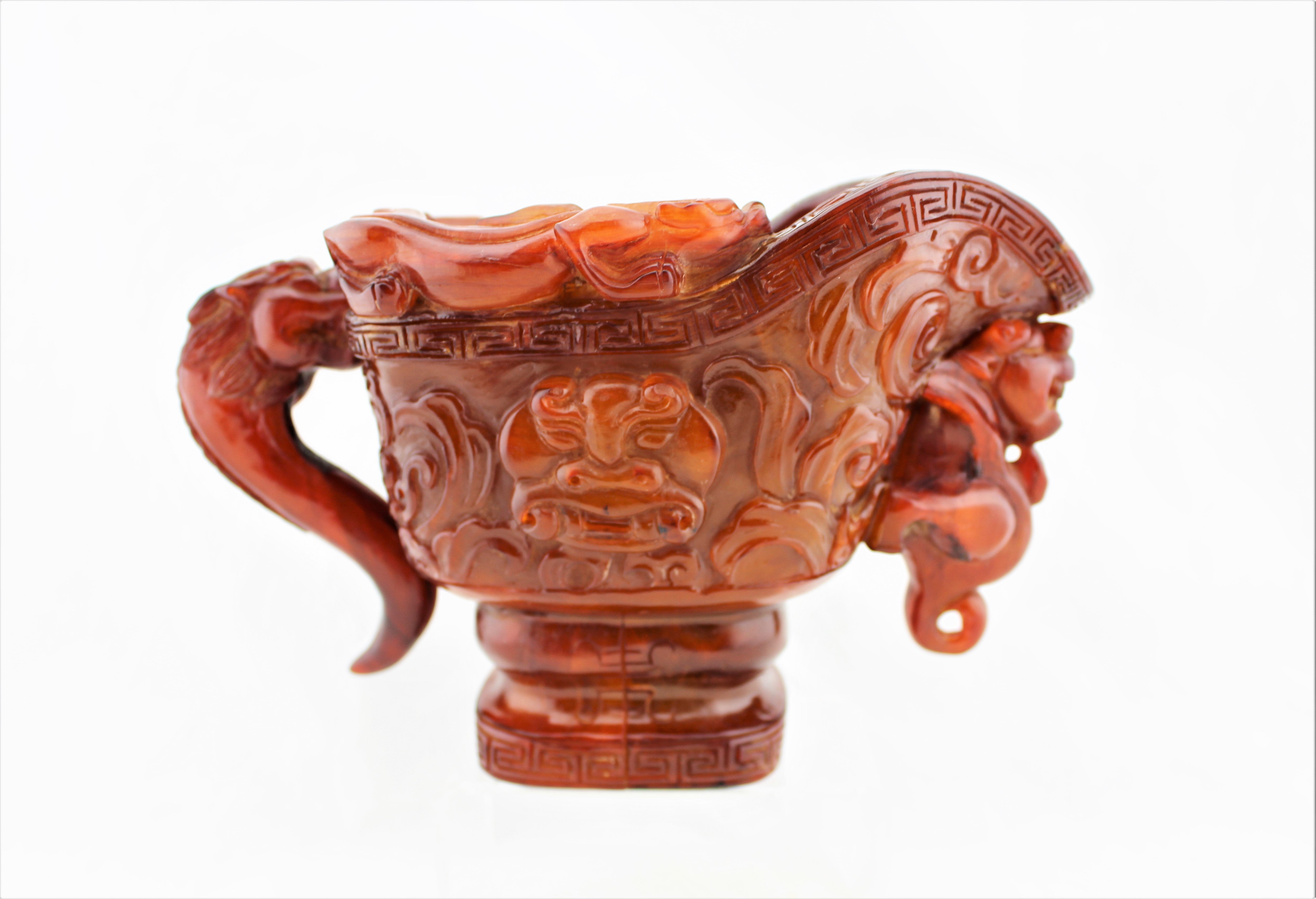 Carved Ox Horn Dragon Cup