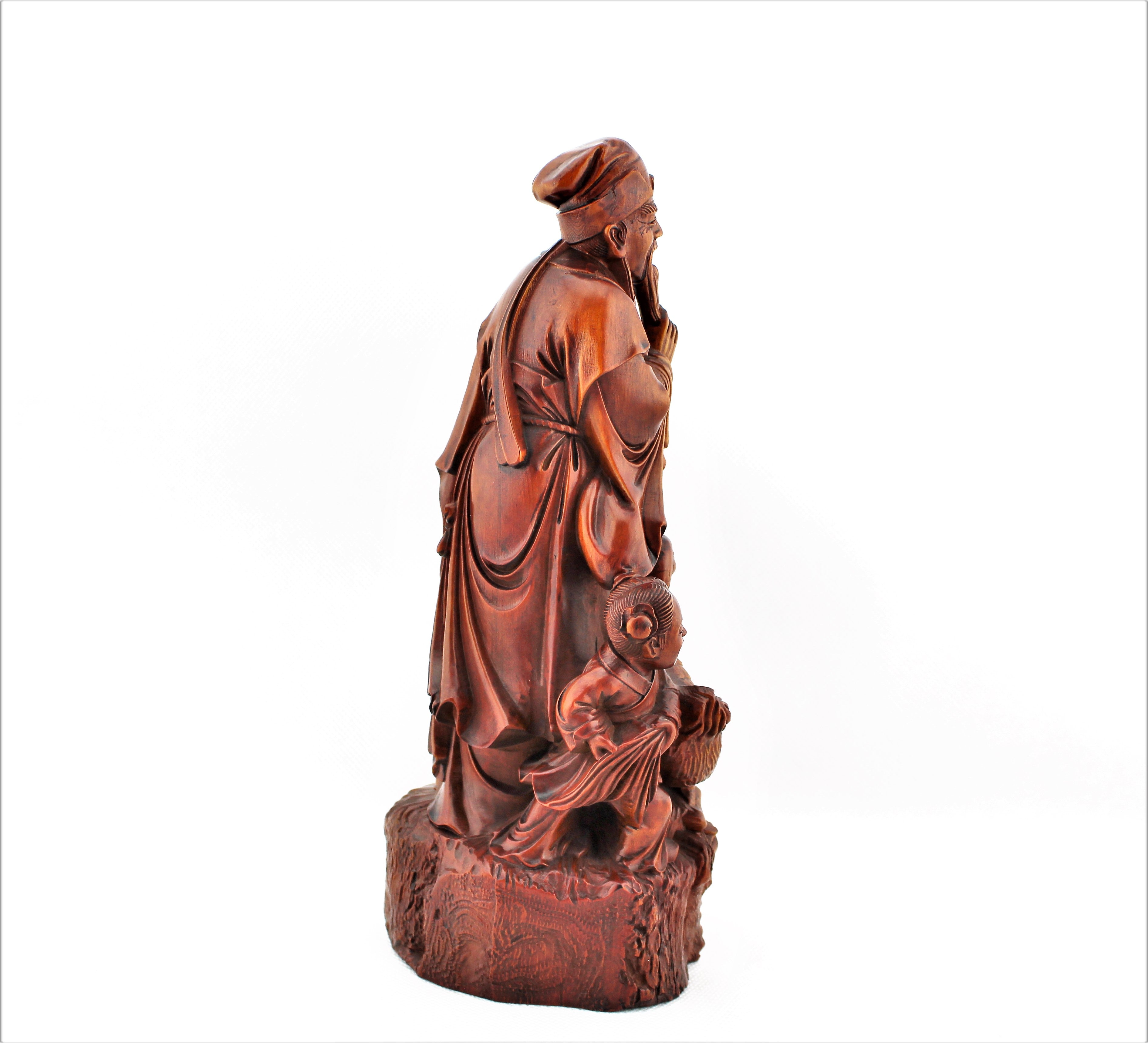 Boxwood Chinese Sage and Child Statue