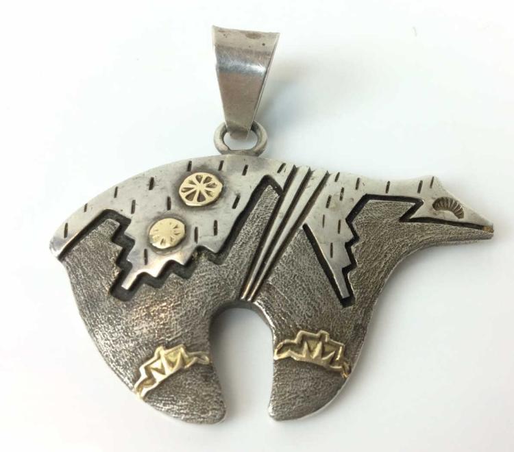 Native American Sterling Silver and 14K Bear Pendant