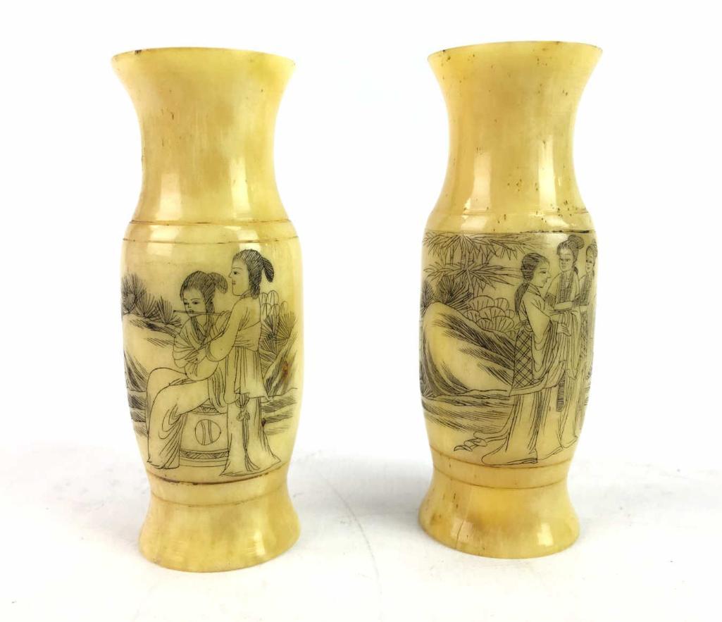 Scrimshaw Bone Vase Pair
