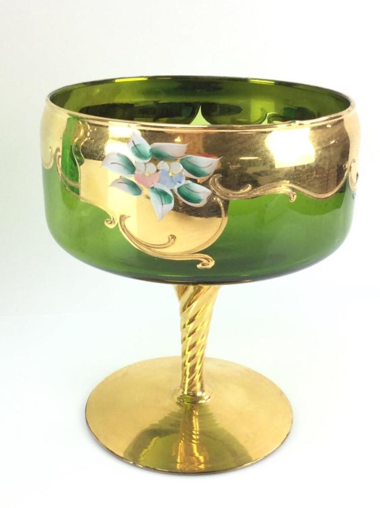 Bohemian High Enamel Emerald Glass Compote