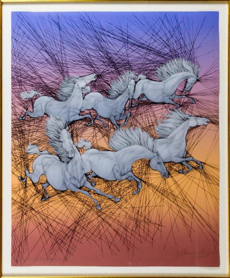 Vintage Lithograph Triptych of Horses by Guillaume Azoulay
