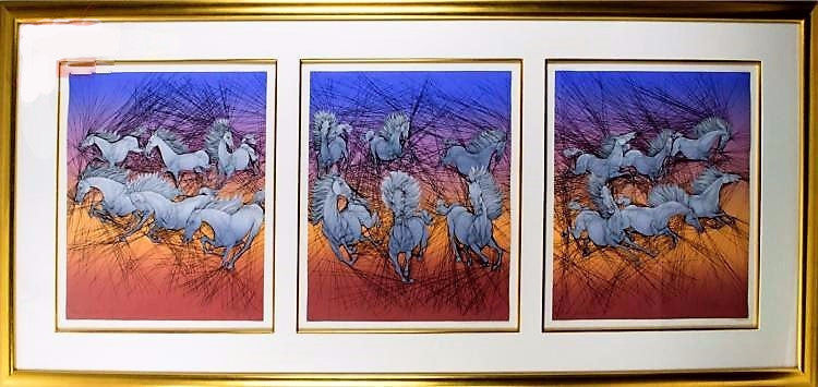 Vintage Lithograph Triptych of Horses by Guillaume Azoulay