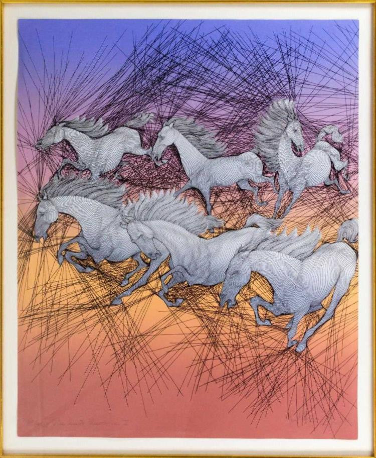 Vintage Lithograph Triptych of Horses by Guillaume Azoulay