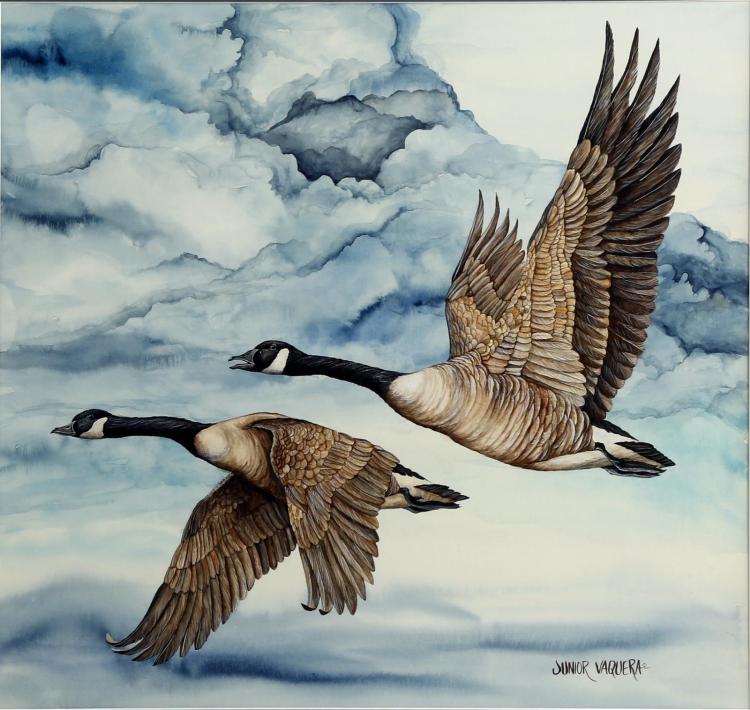 Signed Original Watercolor of Two Geese in Flight