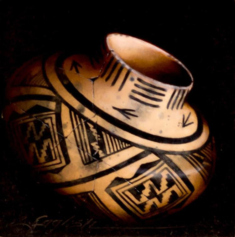 Oil on Board Painting by Cheryl English Depicting a Native American Pot