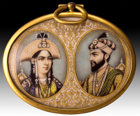 19th C. Shah Jahan and Mumtaz Mahal Miniature Portrait