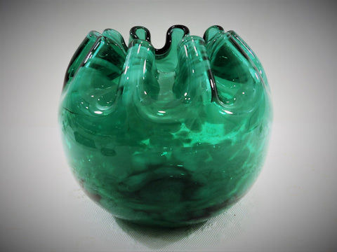 Vintage Green and White Swirl Art Glass Rose Bowl