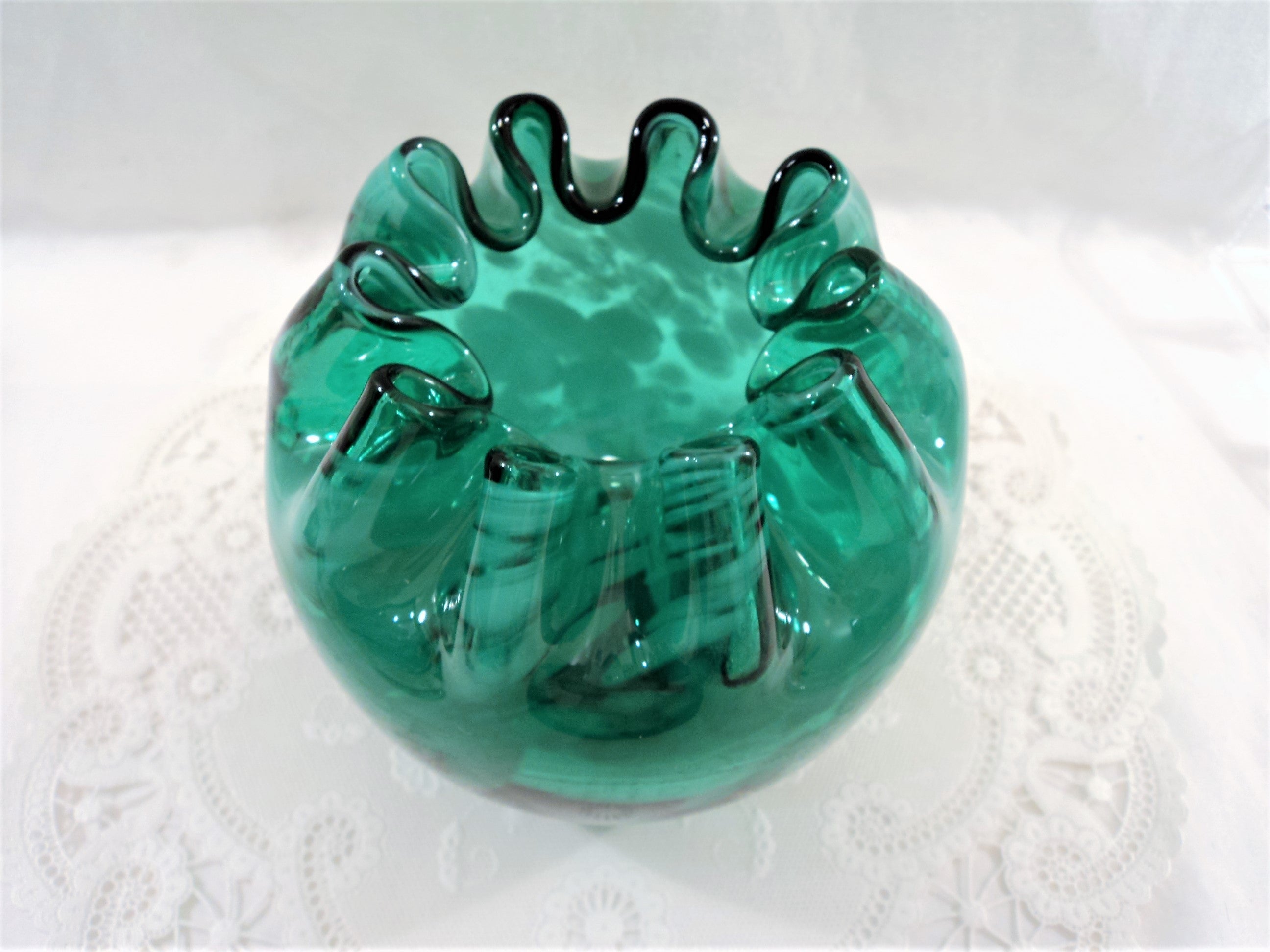 Vintage Green and White Swirl Art Glass Rose Bowl