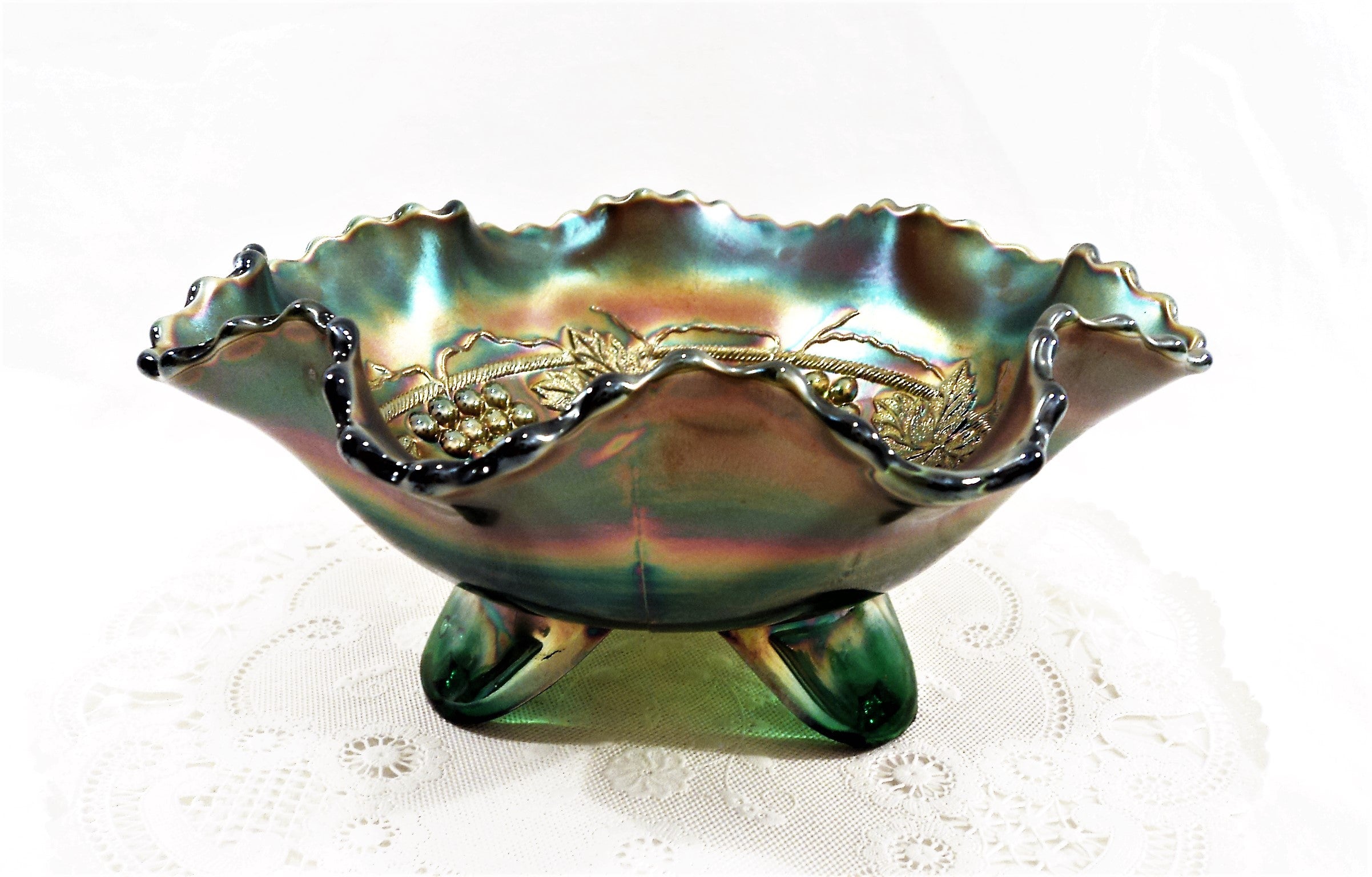 1920-25 Fenton Grape & Cable Footed Green Carnival Glass Bowl