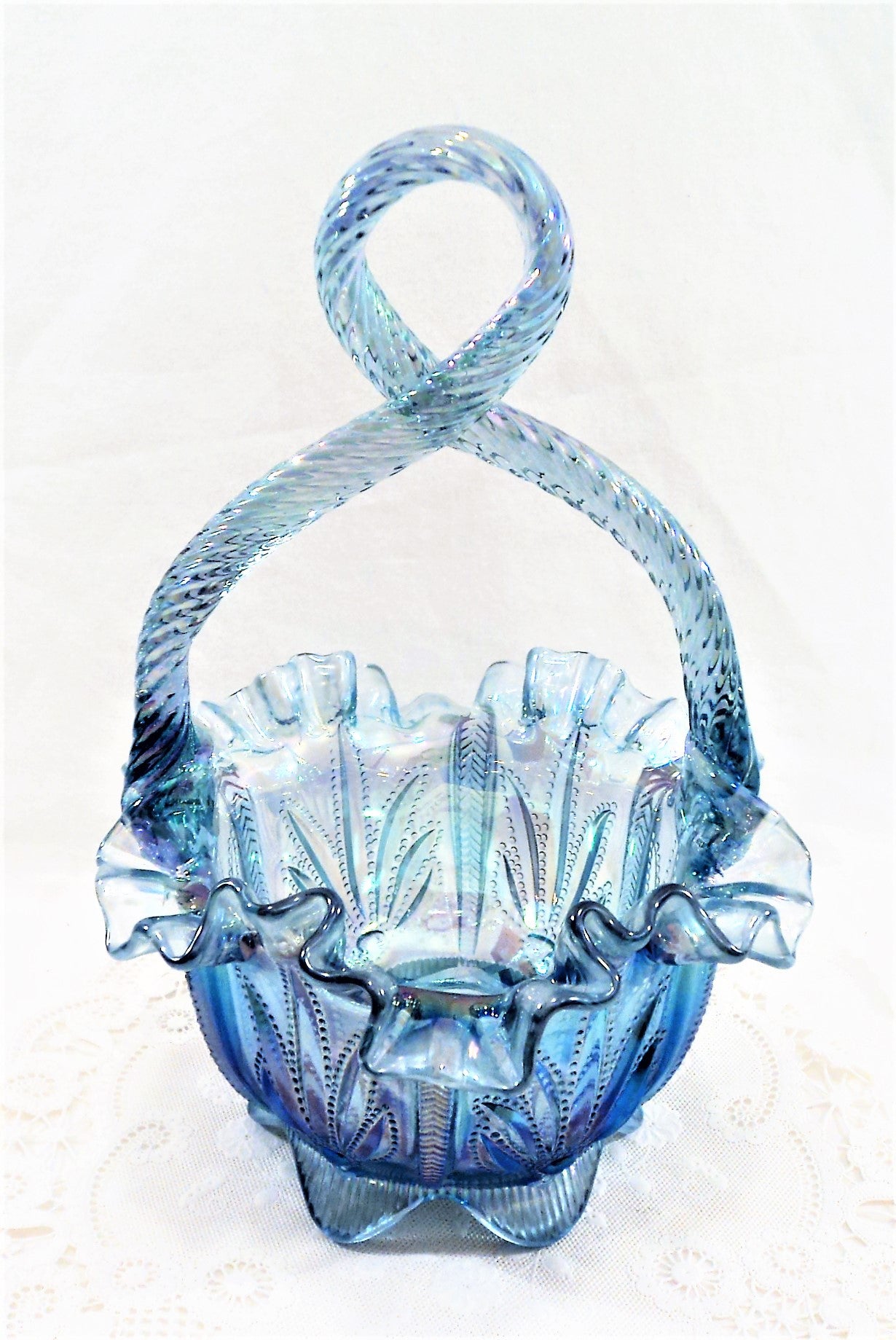 Vintage Fenton Iridescent Ice Blue Cactus Pattern Basket