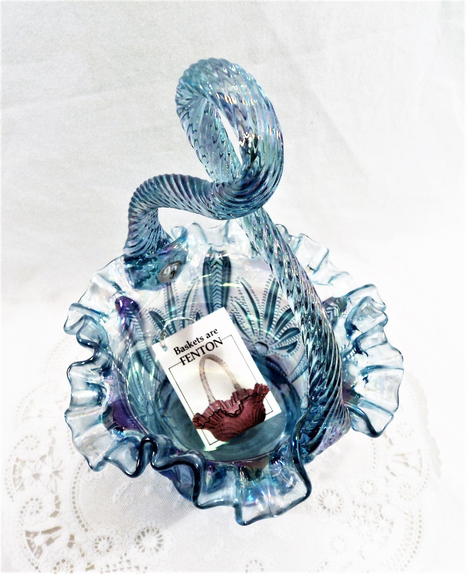 Vintage Fenton Iridescent Ice Blue Cactus Pattern Basket