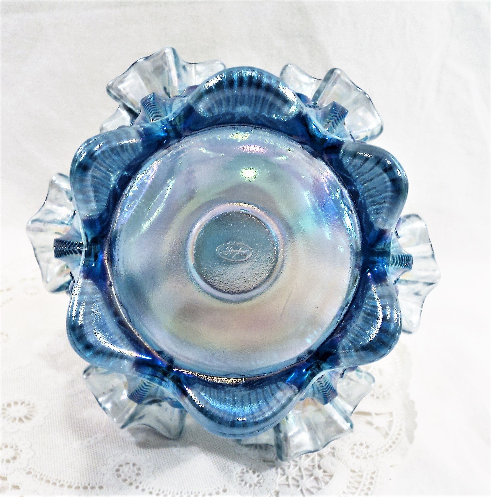 Vintage Fenton Iridescent Ice Blue Cactus Pattern Basket