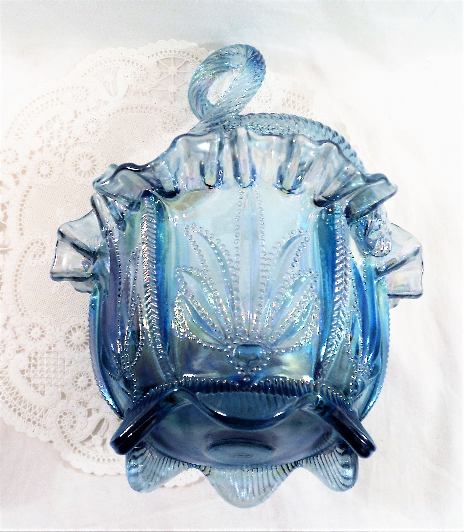 Vintage Fenton Iridescent Ice Blue Cactus Pattern Basket