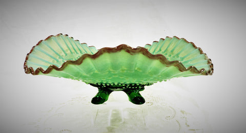 1906 Jefferson Opal Green Beaded Drapes Bowl with Cranberry Frit