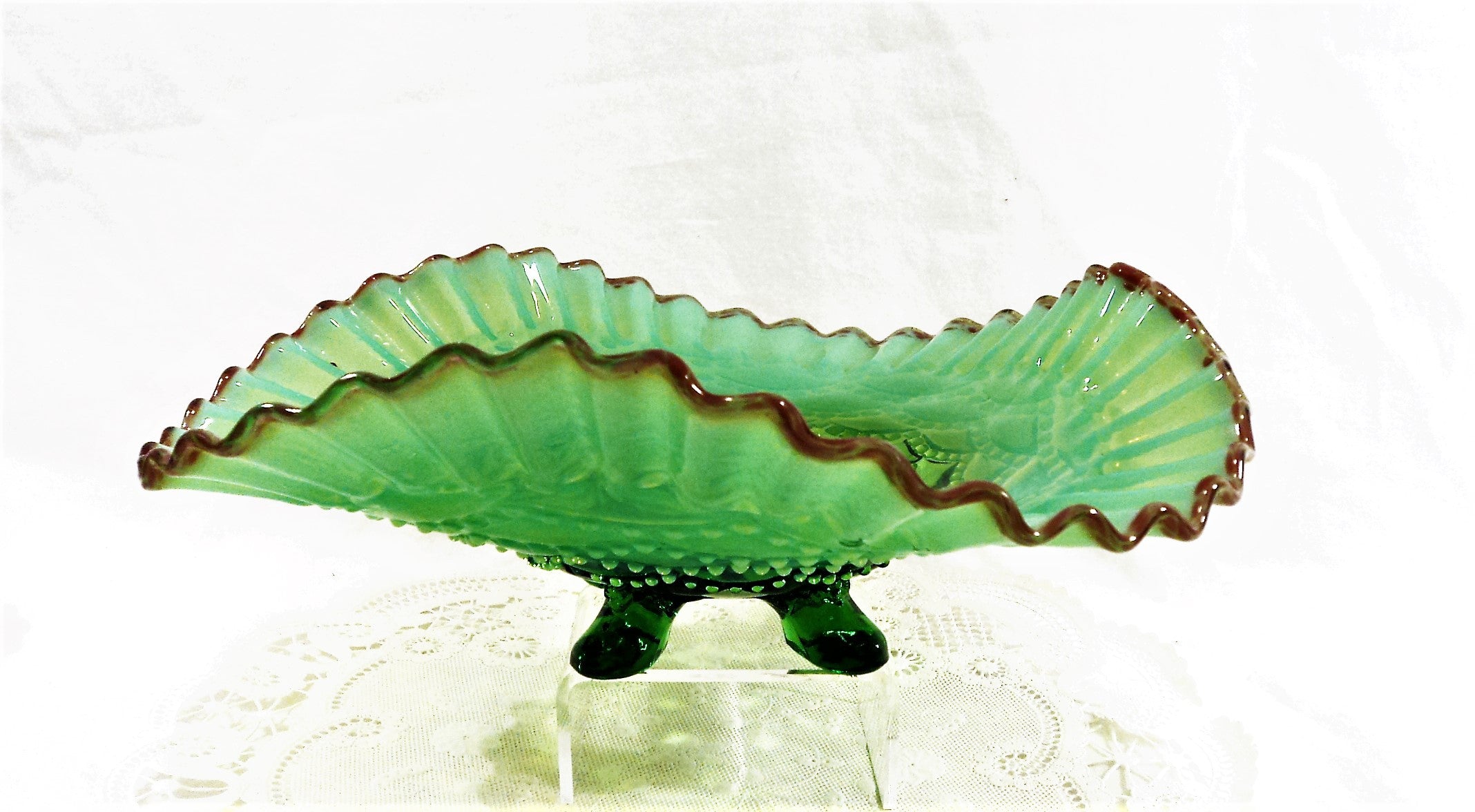 1906 Jefferson Opal Green Beaded Drapes Bowl with Cranberry Frit