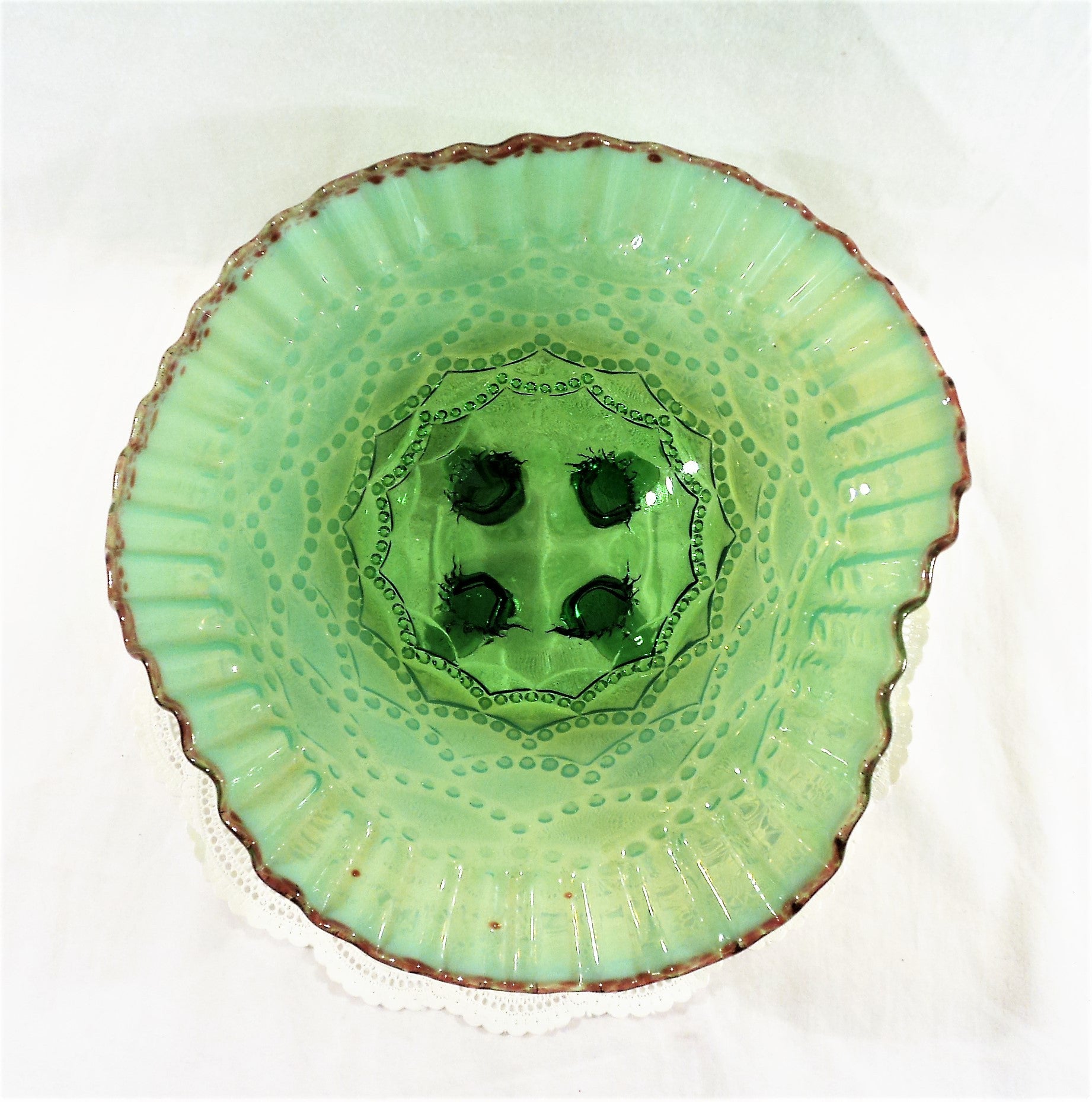 1906 Jefferson Opal Green Beaded Drapes Bowl with Cranberry Frit