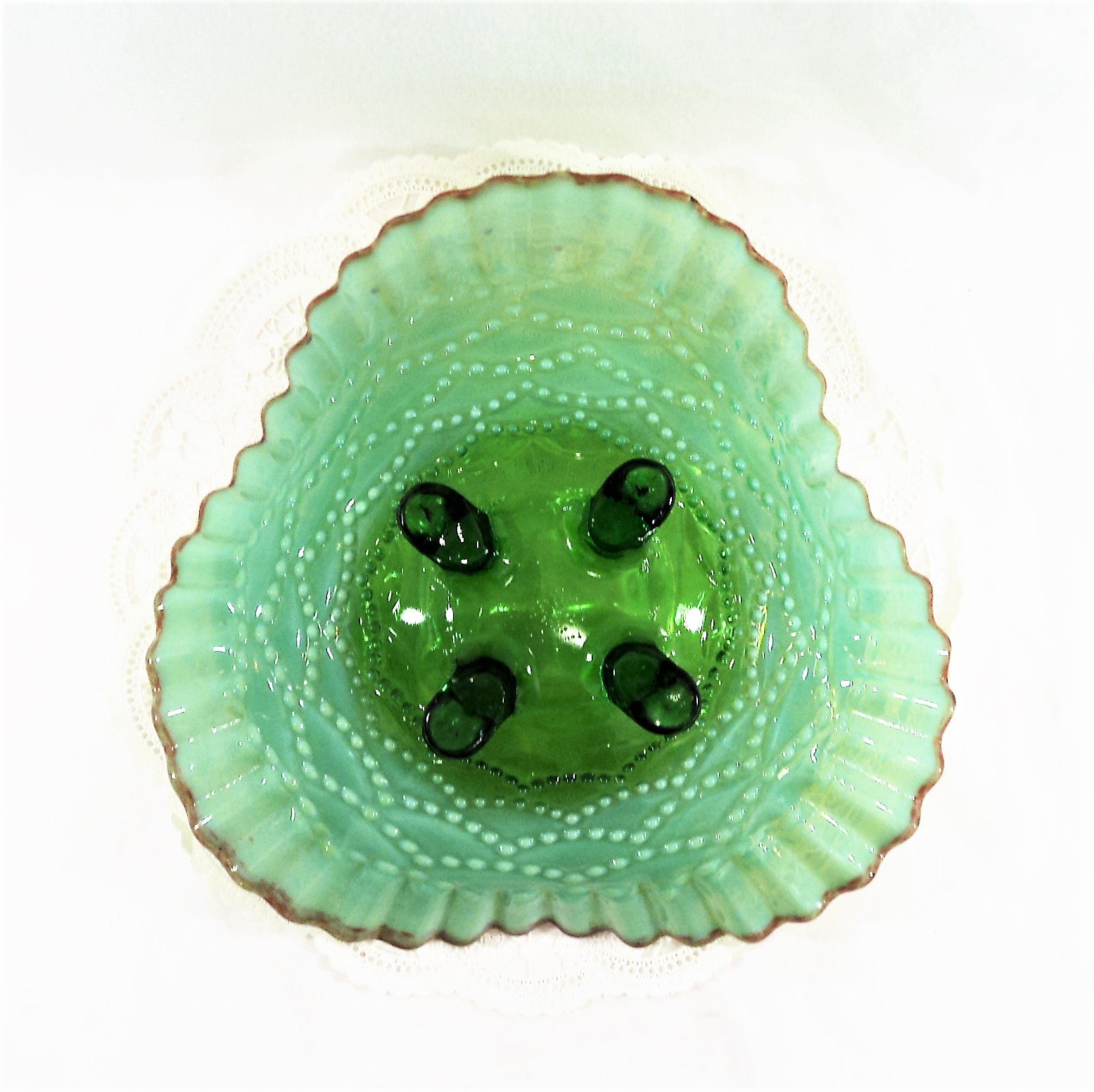 1906 Jefferson Opal Green Beaded Drapes Bowl with Cranberry Frit