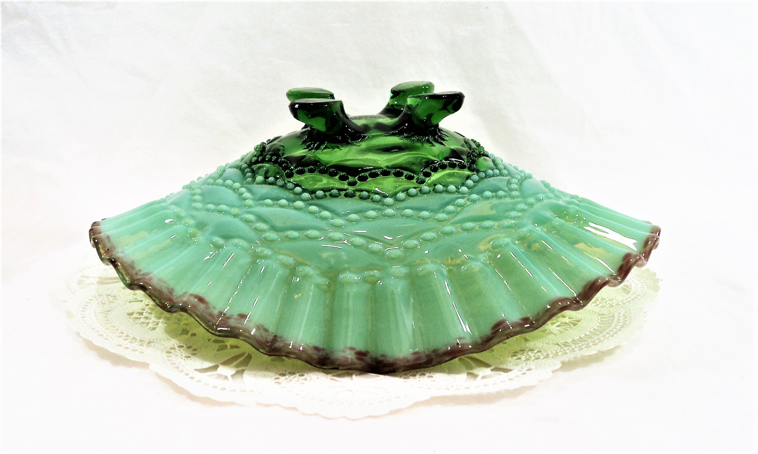 1906 Jefferson Opal Green Beaded Drapes Bowl with Cranberry Frit