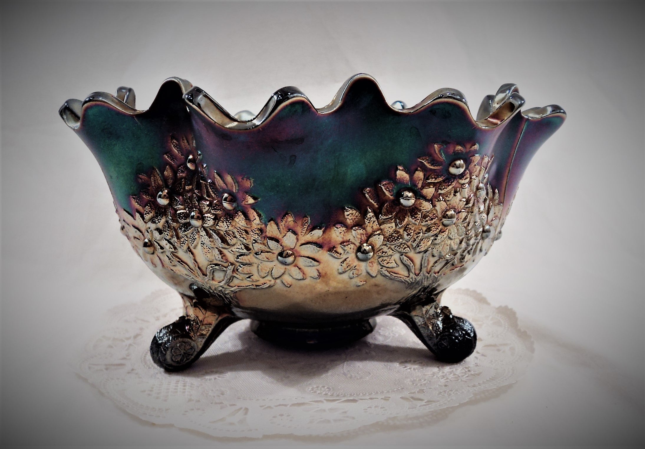 Antique 1900s Fenton Cobalt Blue Carnival Glass Footed Pedestal Bowl