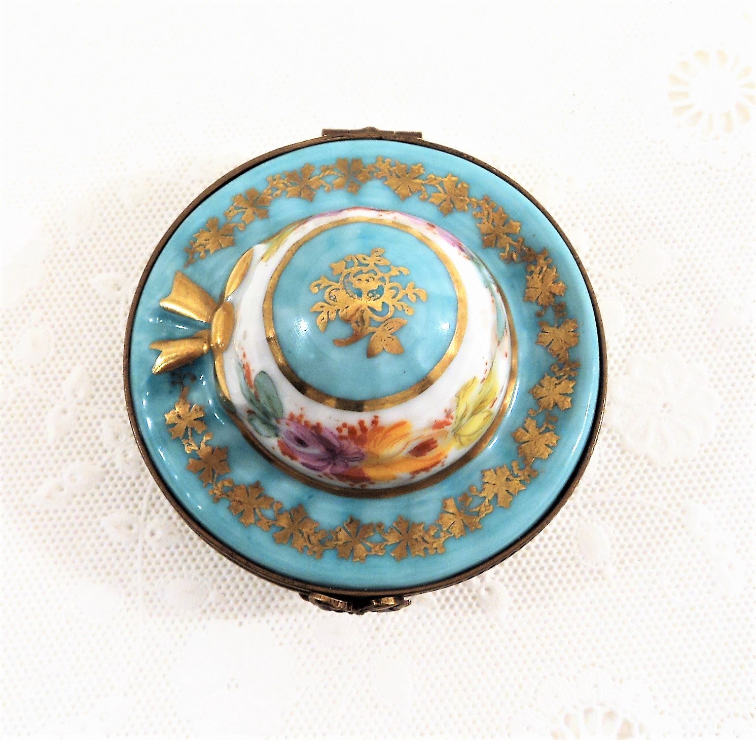Hand-Painted Teal Hat Limoges Trinket Box