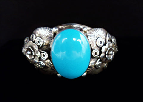 Vintage Native American Turquoise and Silver Cuff Floral Bracelet