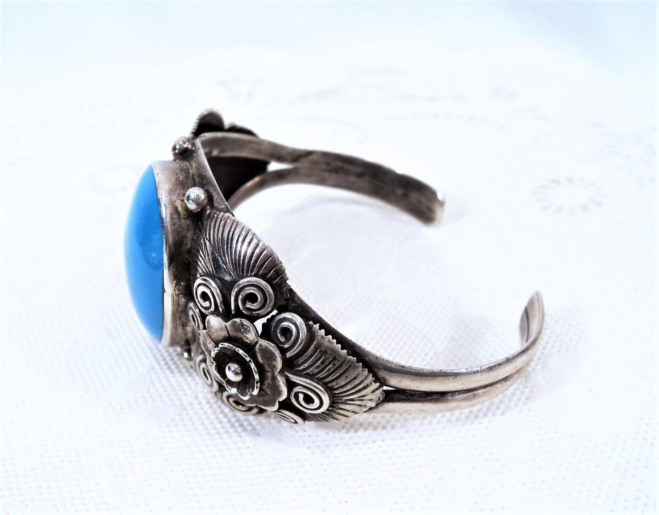 Vintage Native American Turquoise and Silver Cuff Floral Bracelet