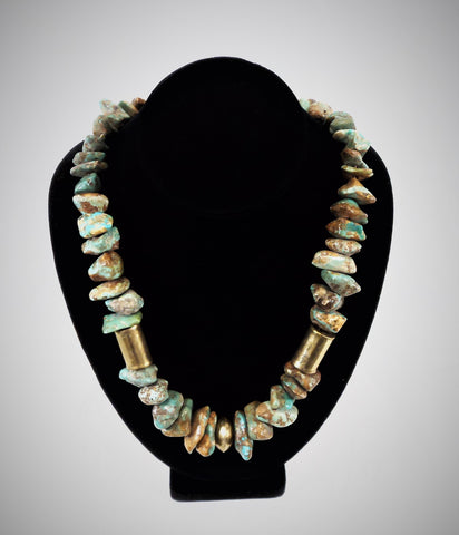 Vintage Native American Brass Beads and Turquoise Nuggets Necklace