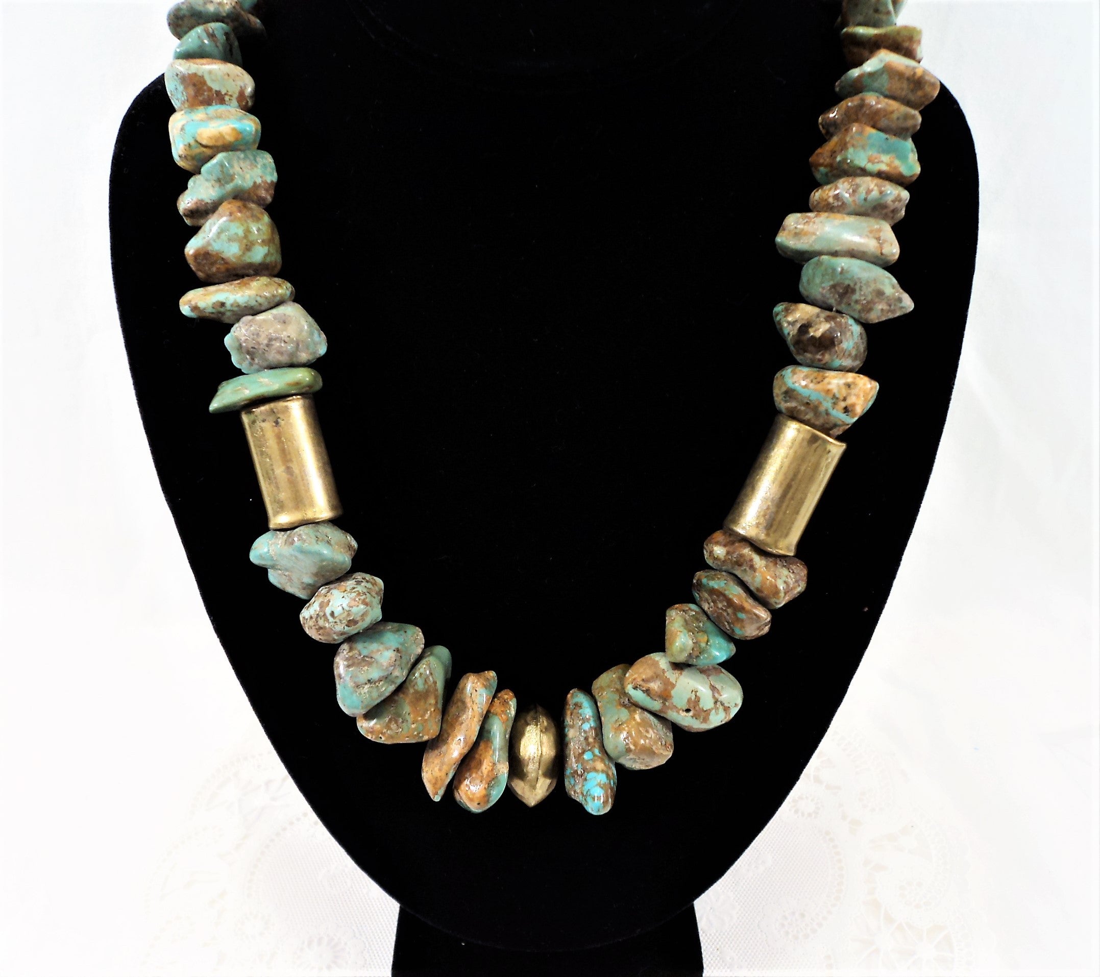 Vintage Native American Brass Beads and Turquoise Nuggets Necklace