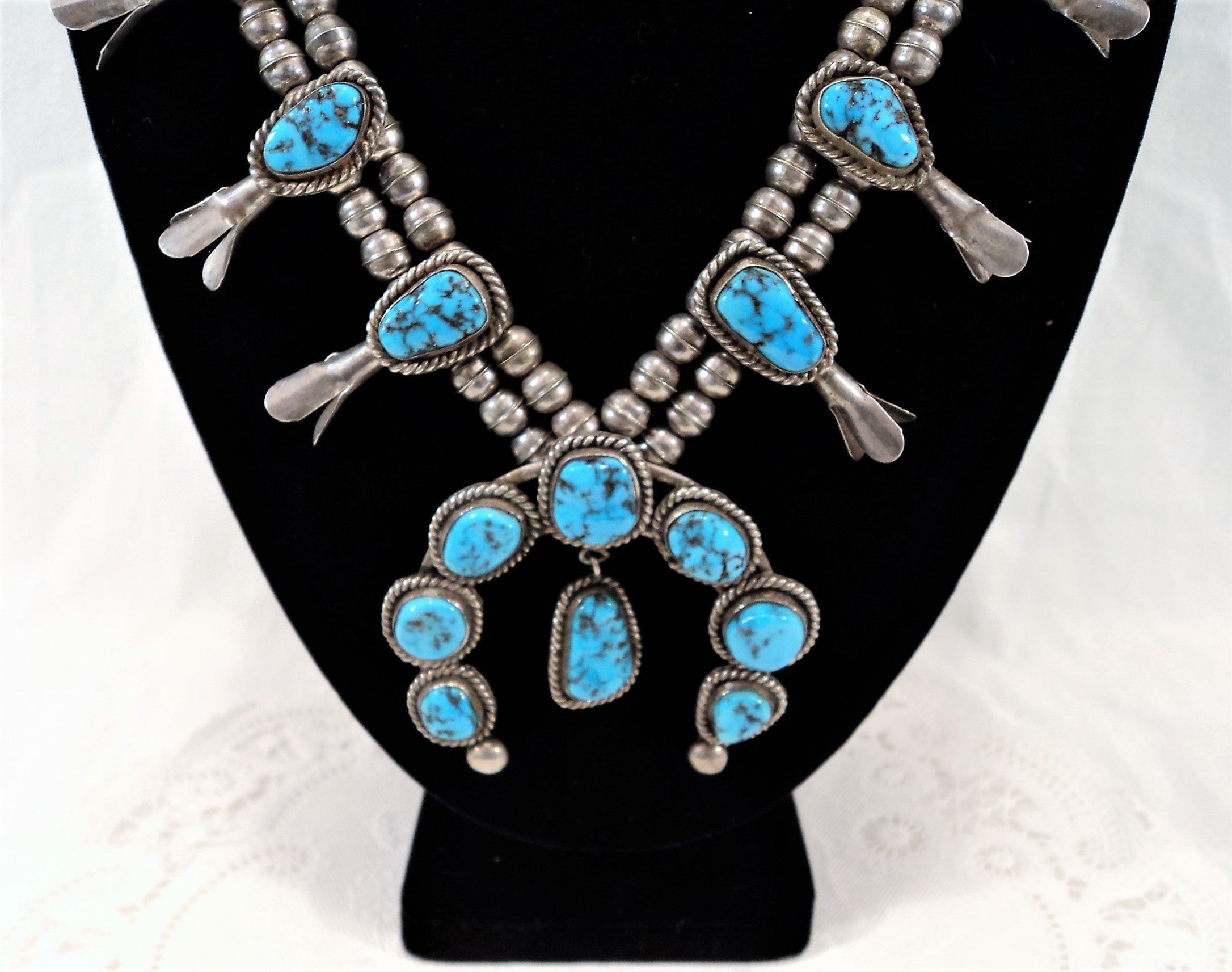 Antique Native American Turquoise & Bench Made Silver Beads Naja Necklace