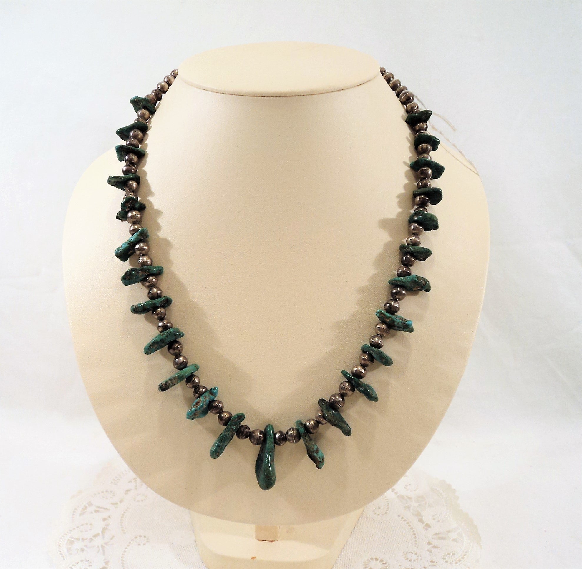 Native American Turquoise & Bench Made Silver Beads Necklace
