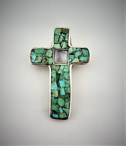 Santo Domingo Sterling Silver & Turquoise Mosaic Cross Pendant