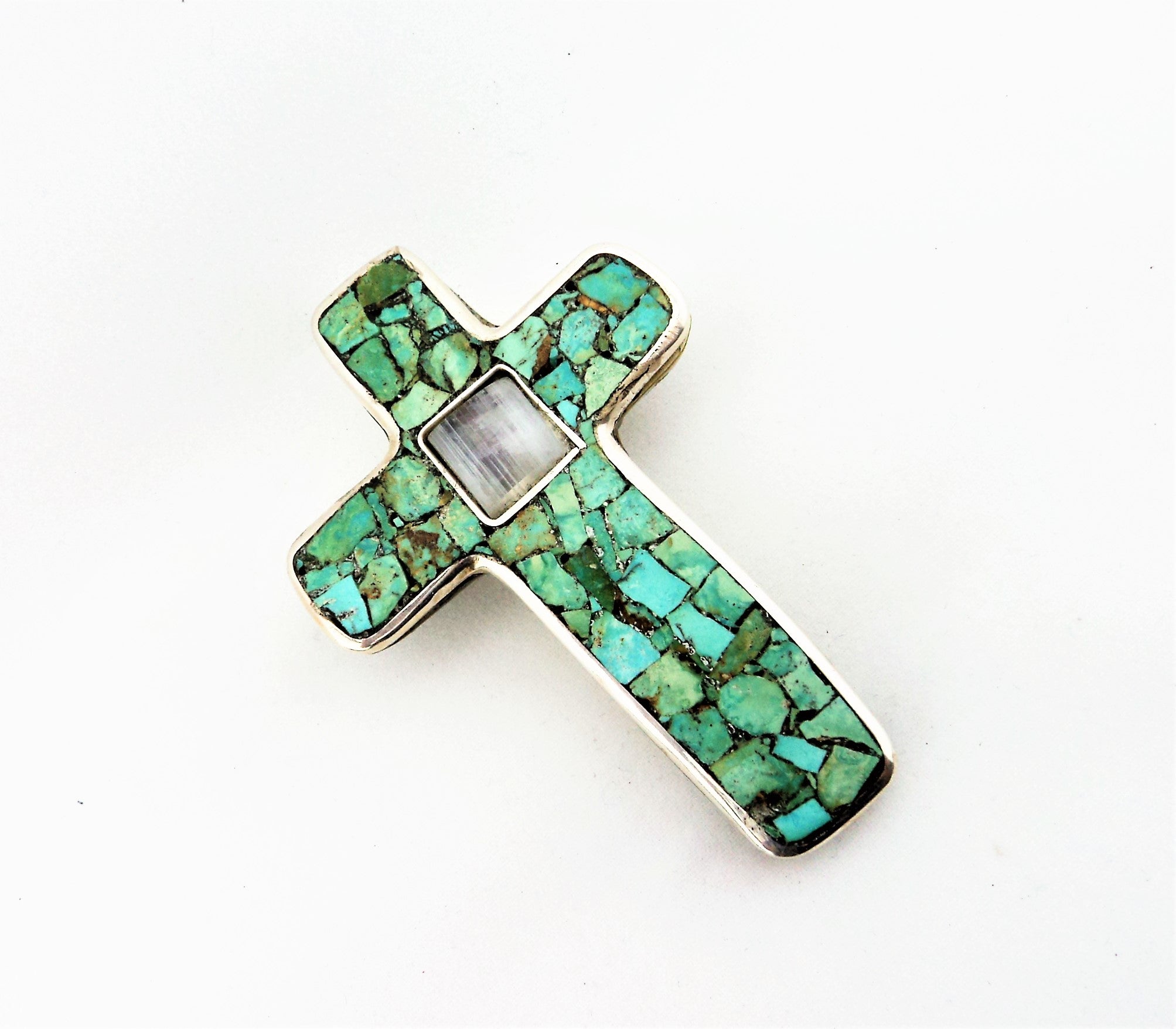 Santo Domingo Sterling Silver & Turquoise Mosaic Cross Pendant