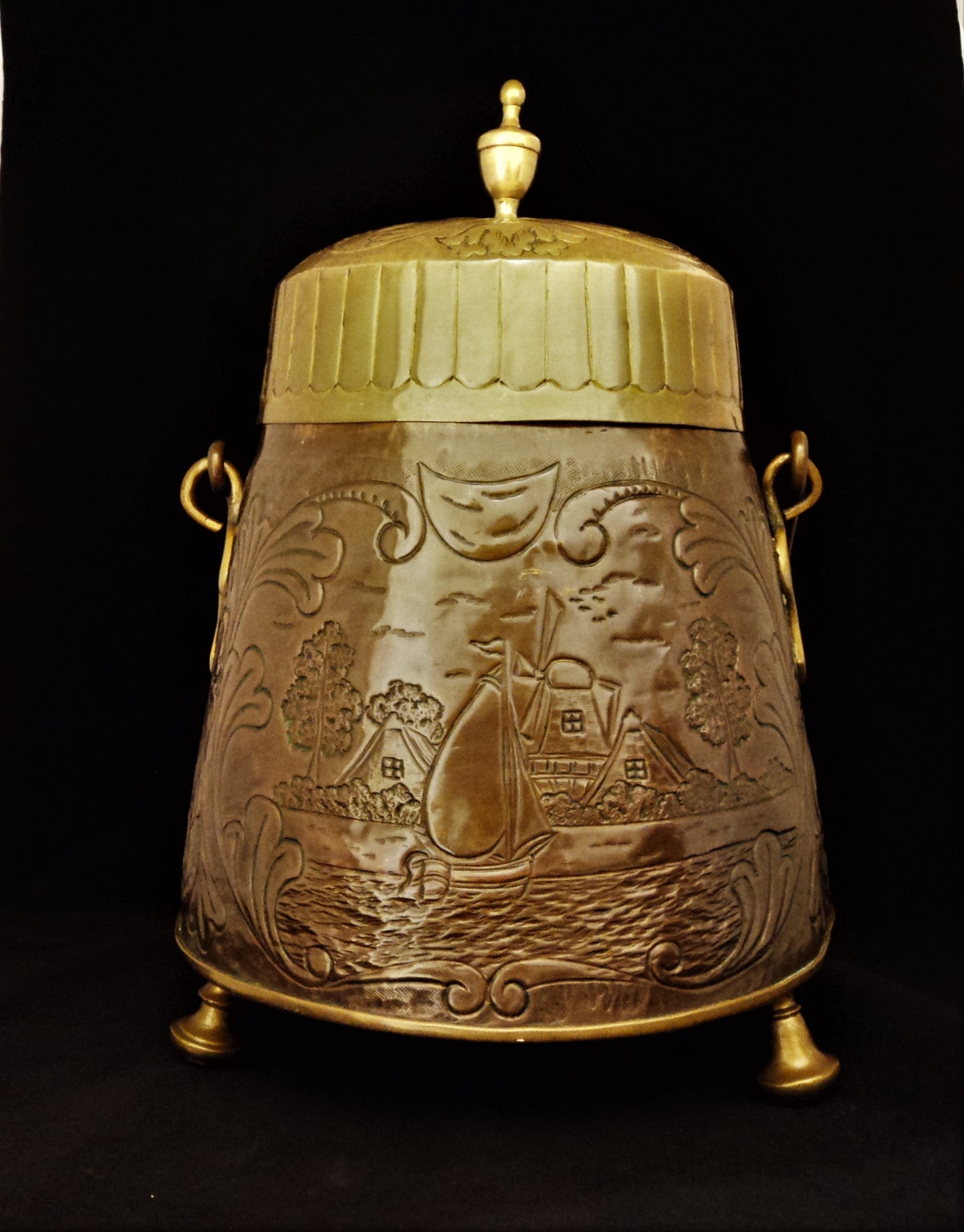Antique Dutch Copper and Brass Footed Coal Hod
