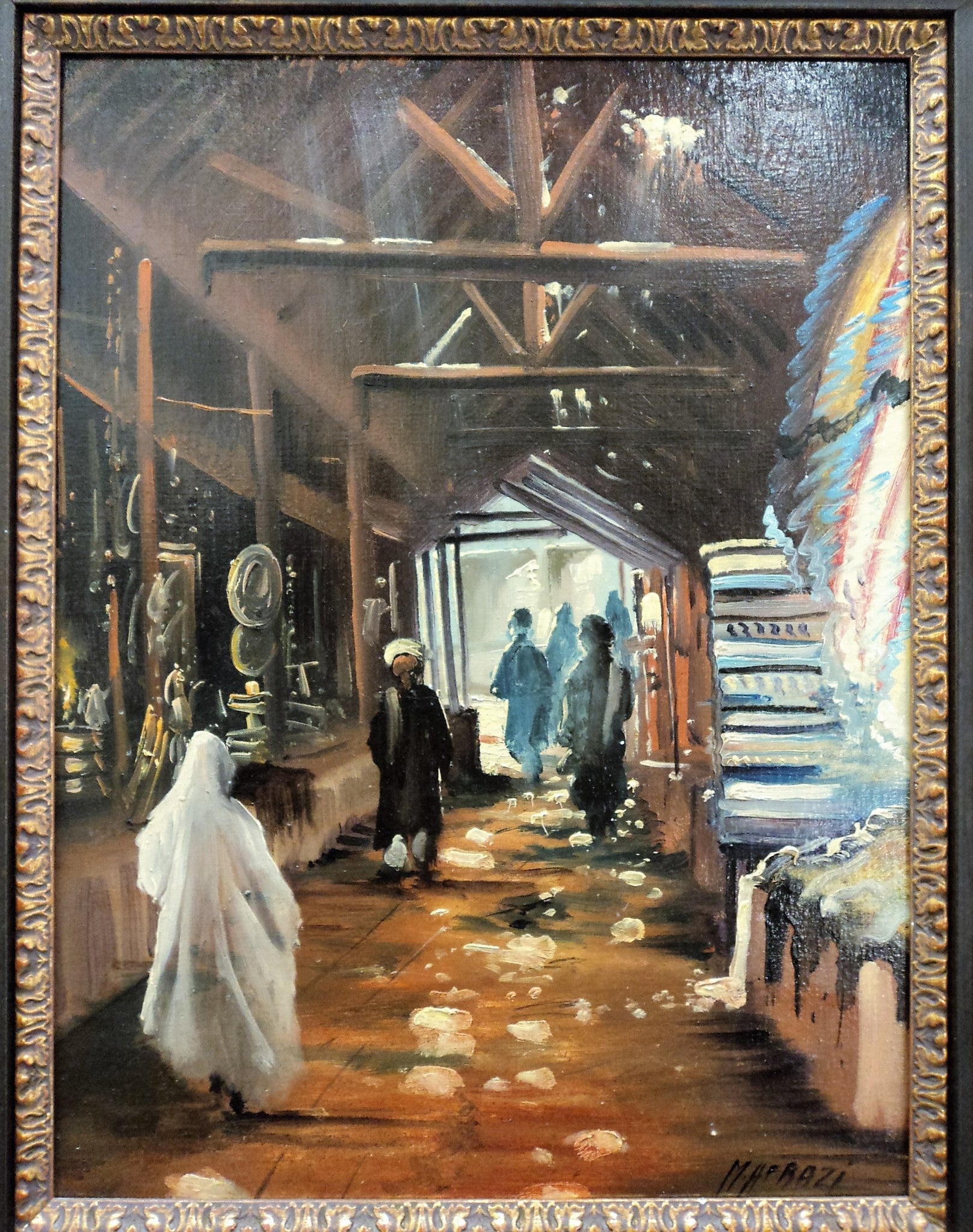 M.H. Frazi Bazaar Scene Oil on Canvas