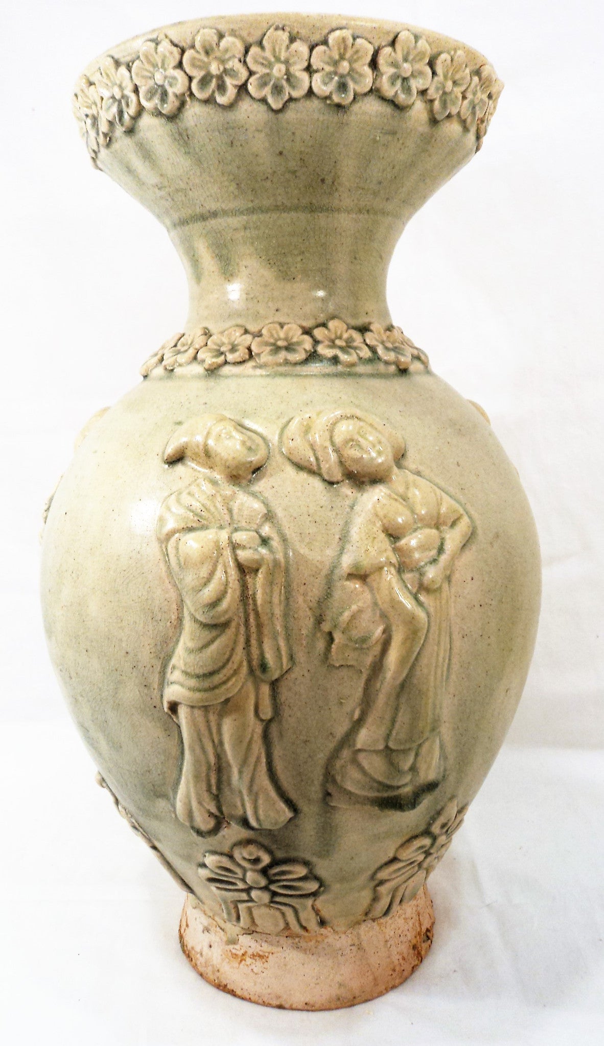 Celadon Glazed Figural Vase with Floral Rim