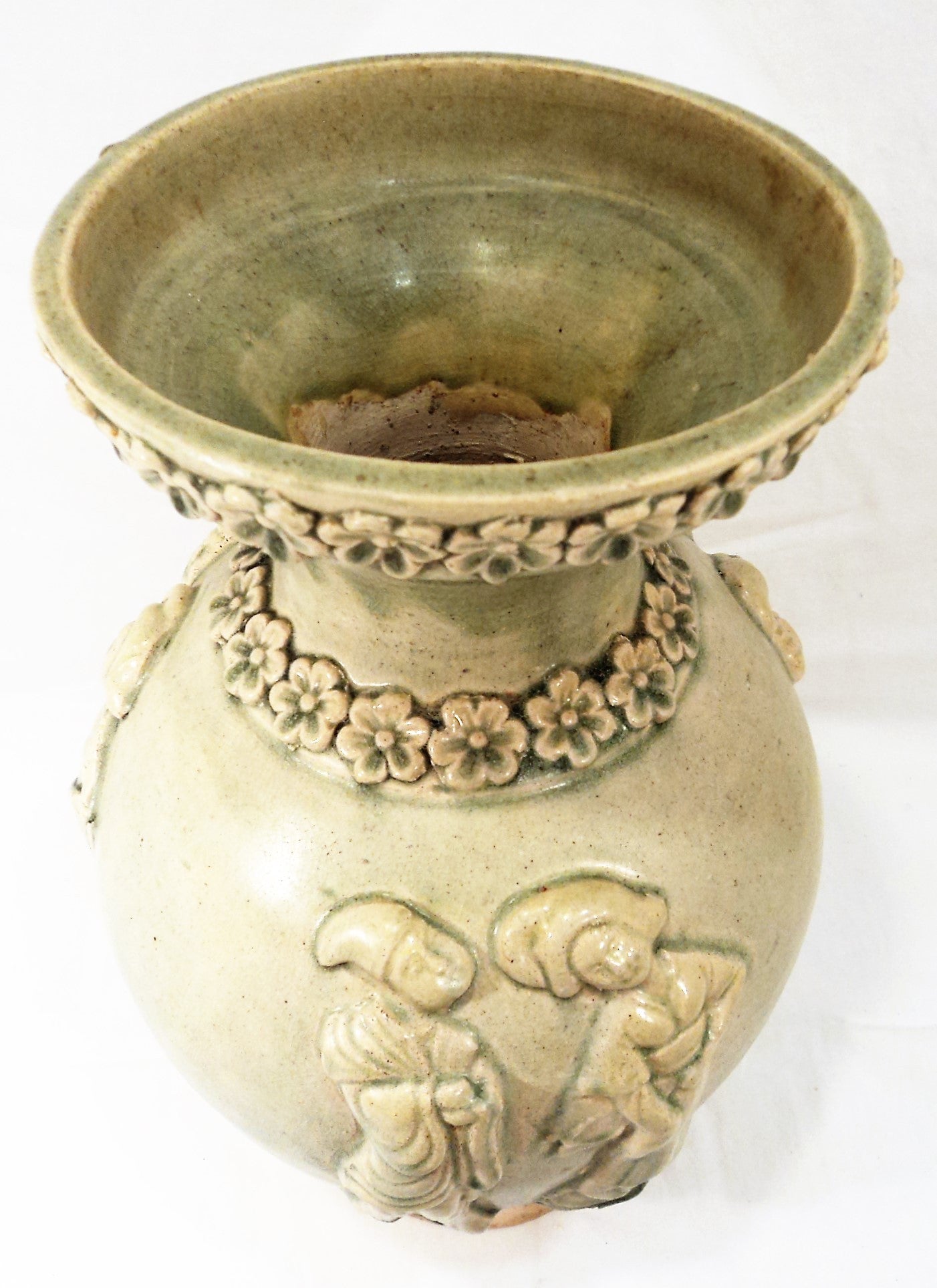 Celadon Glazed Figural Vase with Floral Rim