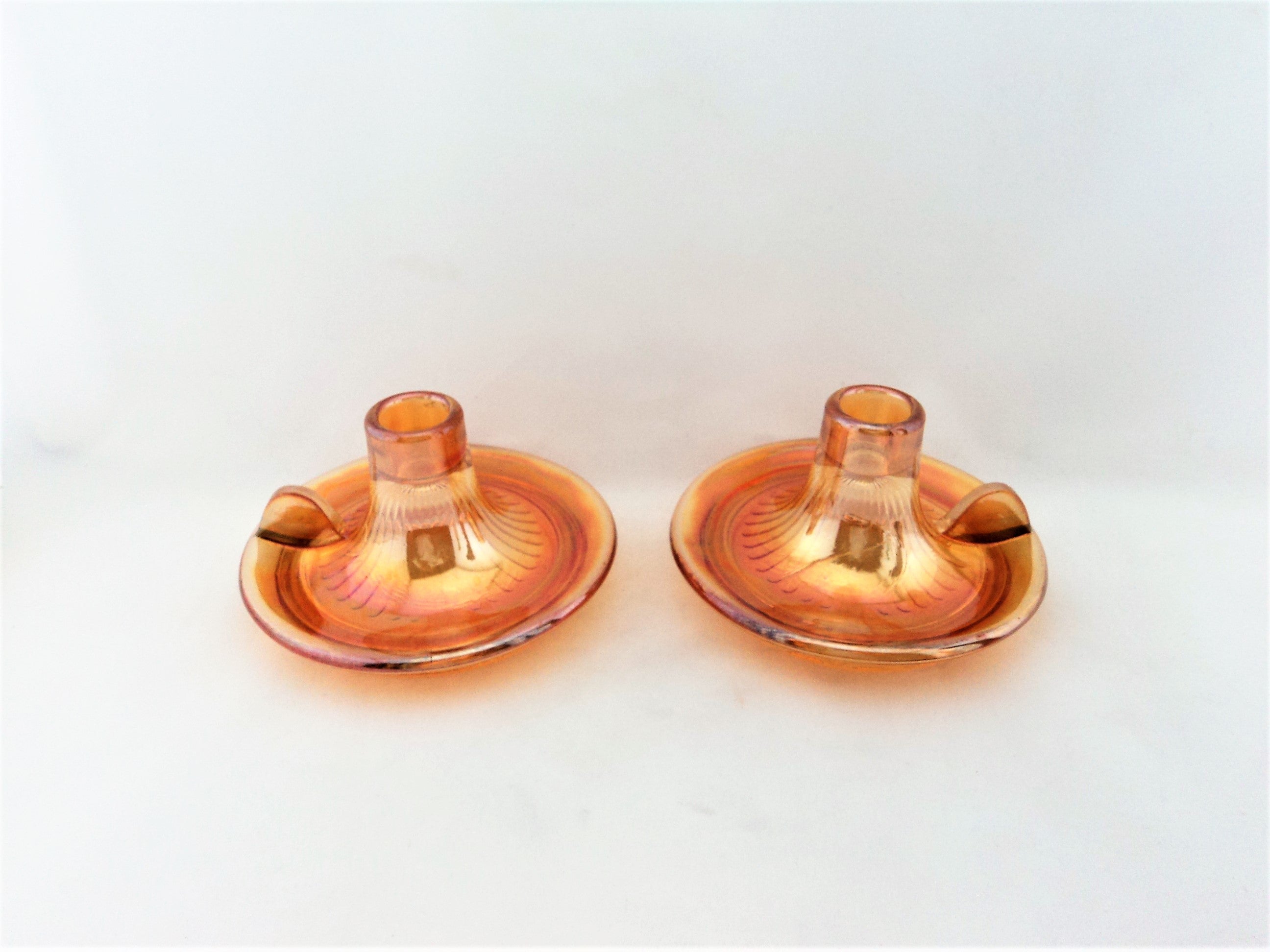 Vintage Marigold Carnival Glass Candle Holder Pair