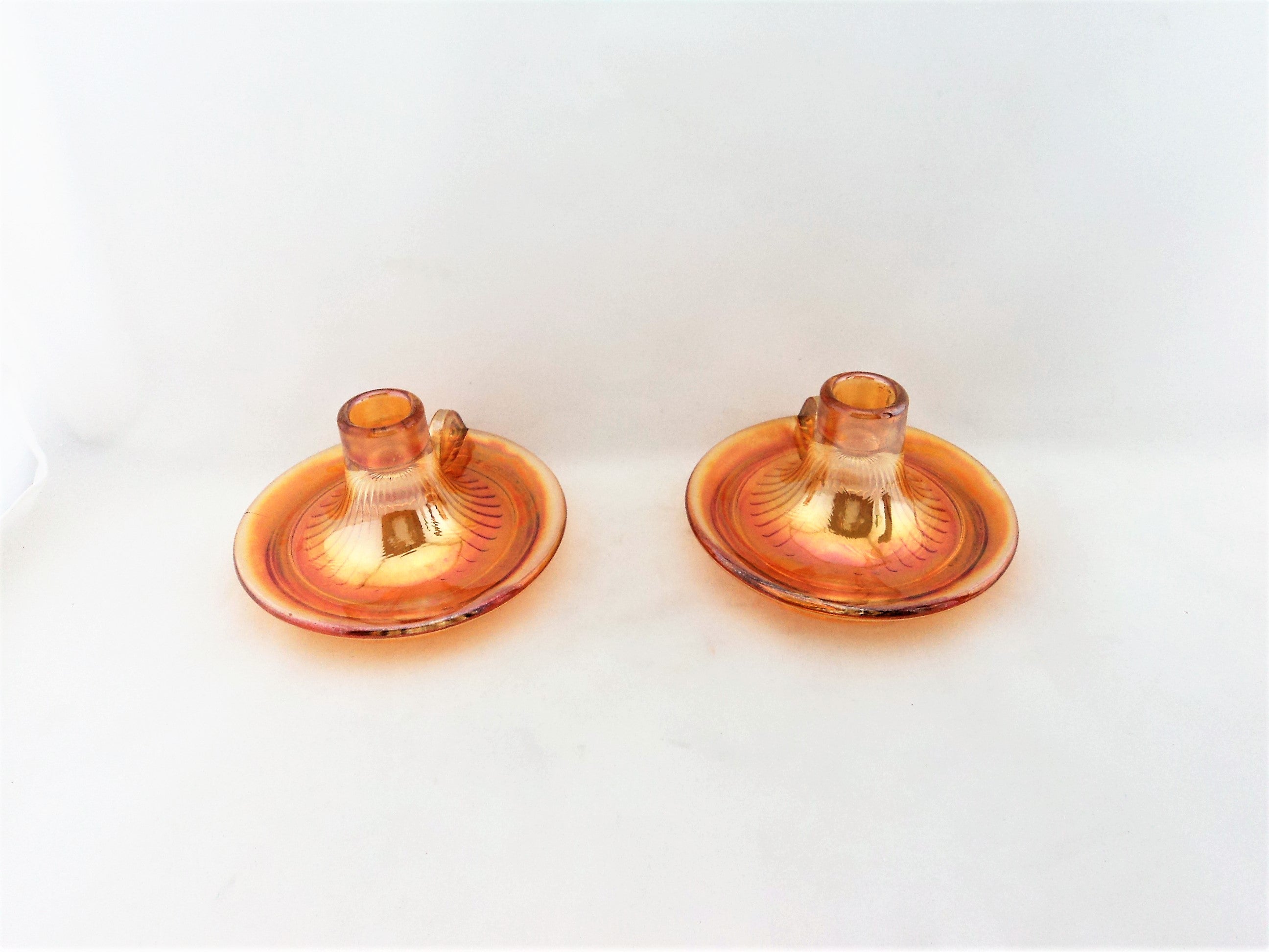 Vintage Marigold Carnival Glass Candle Holder Pair