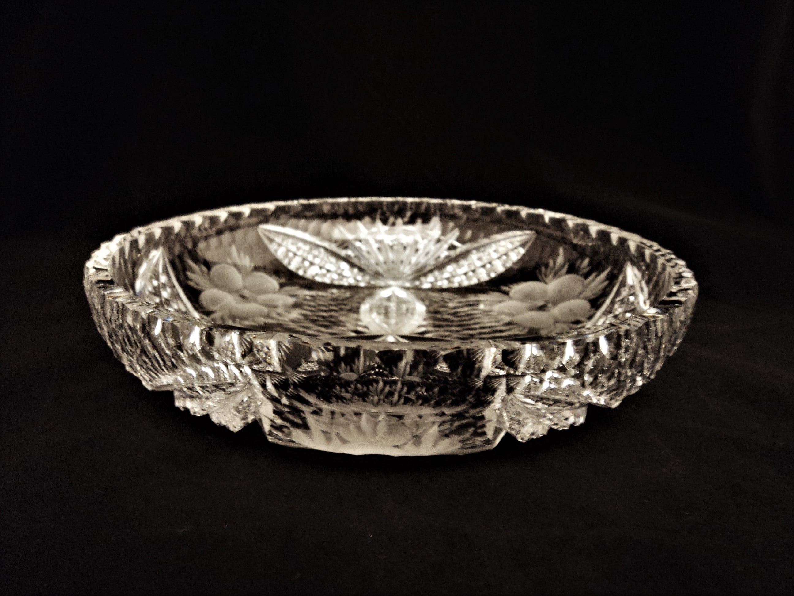 Vintage Crystal Bowl with Etched Flowers