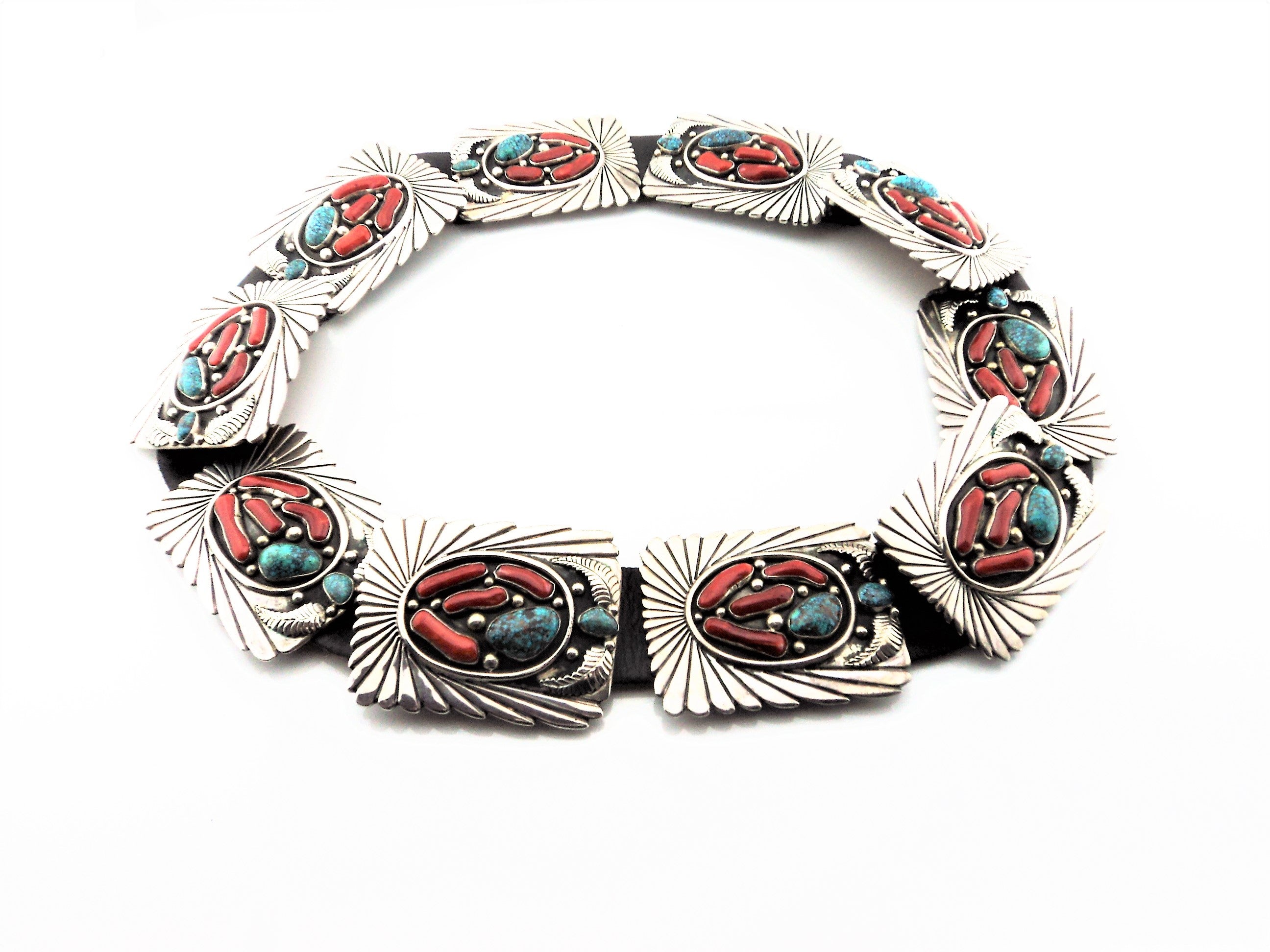 Abraham Begay Mediterranean Coral, Turquoise and Sterling Concho Belt