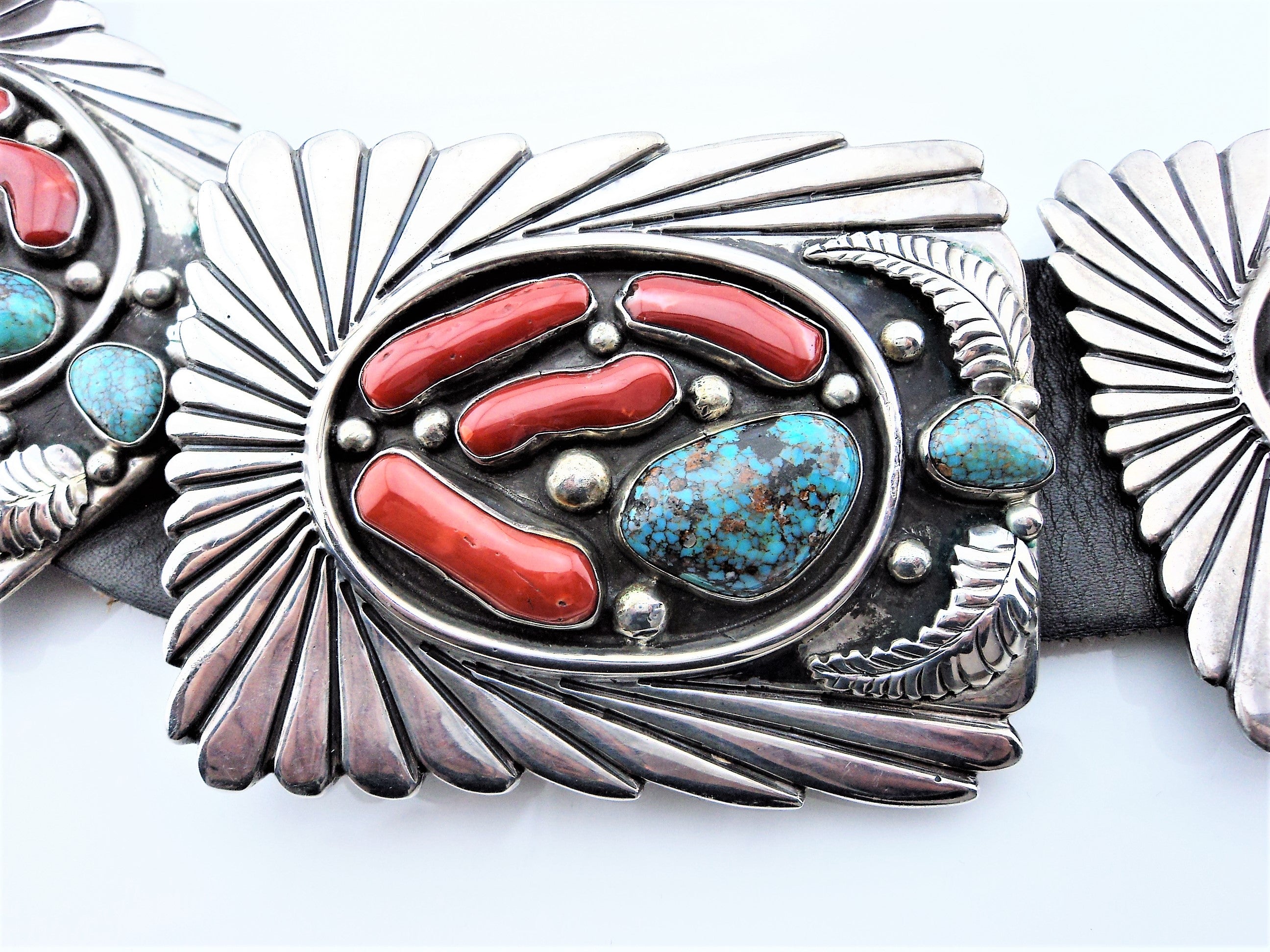 Abraham Begay Mediterranean Coral, Turquoise and Sterling Concho Belt