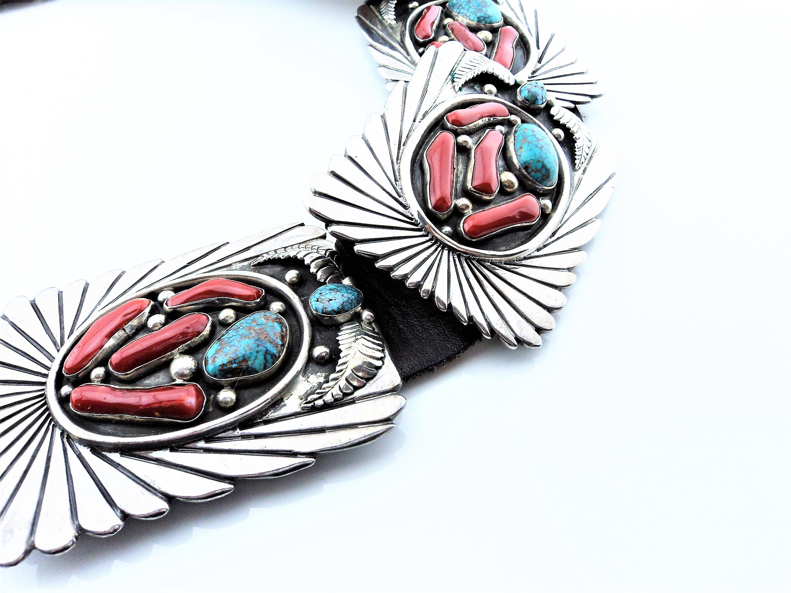 Abraham Begay Mediterranean Coral, Turquoise and Sterling Concho Belt