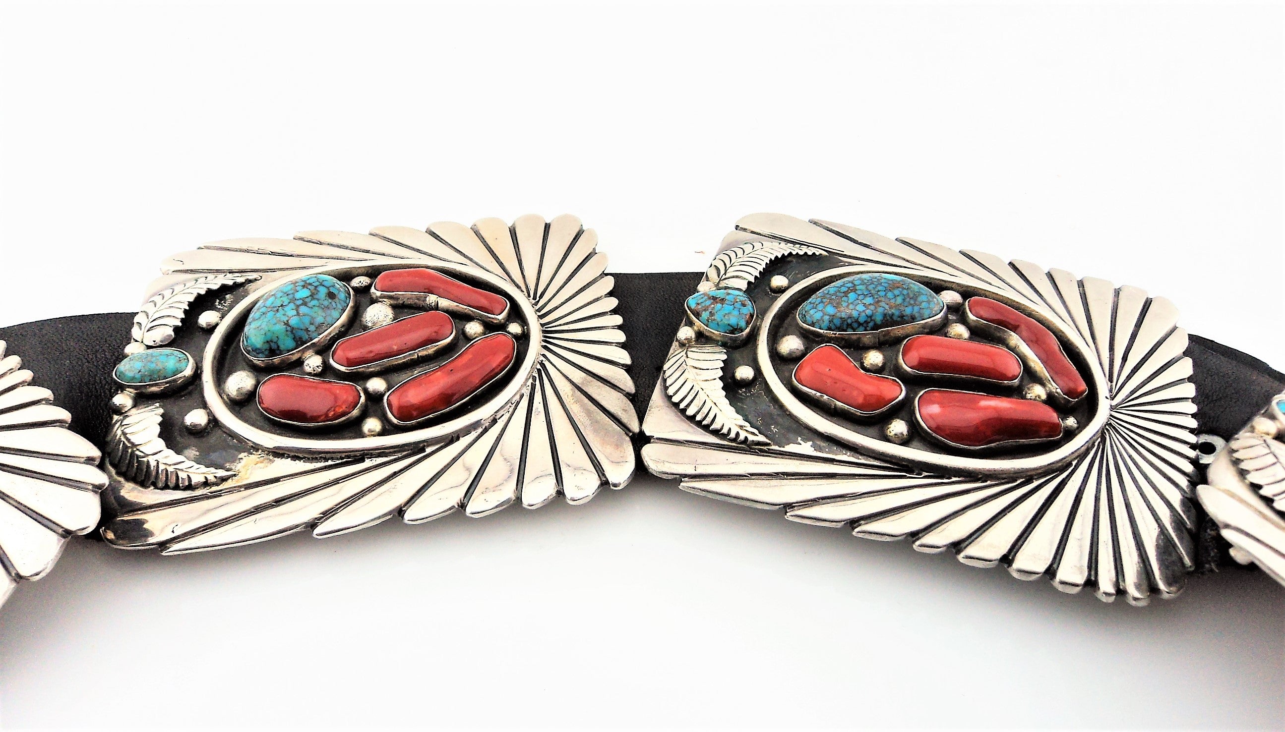 Abraham Begay Mediterranean Coral, Turquoise and Sterling Concho Belt