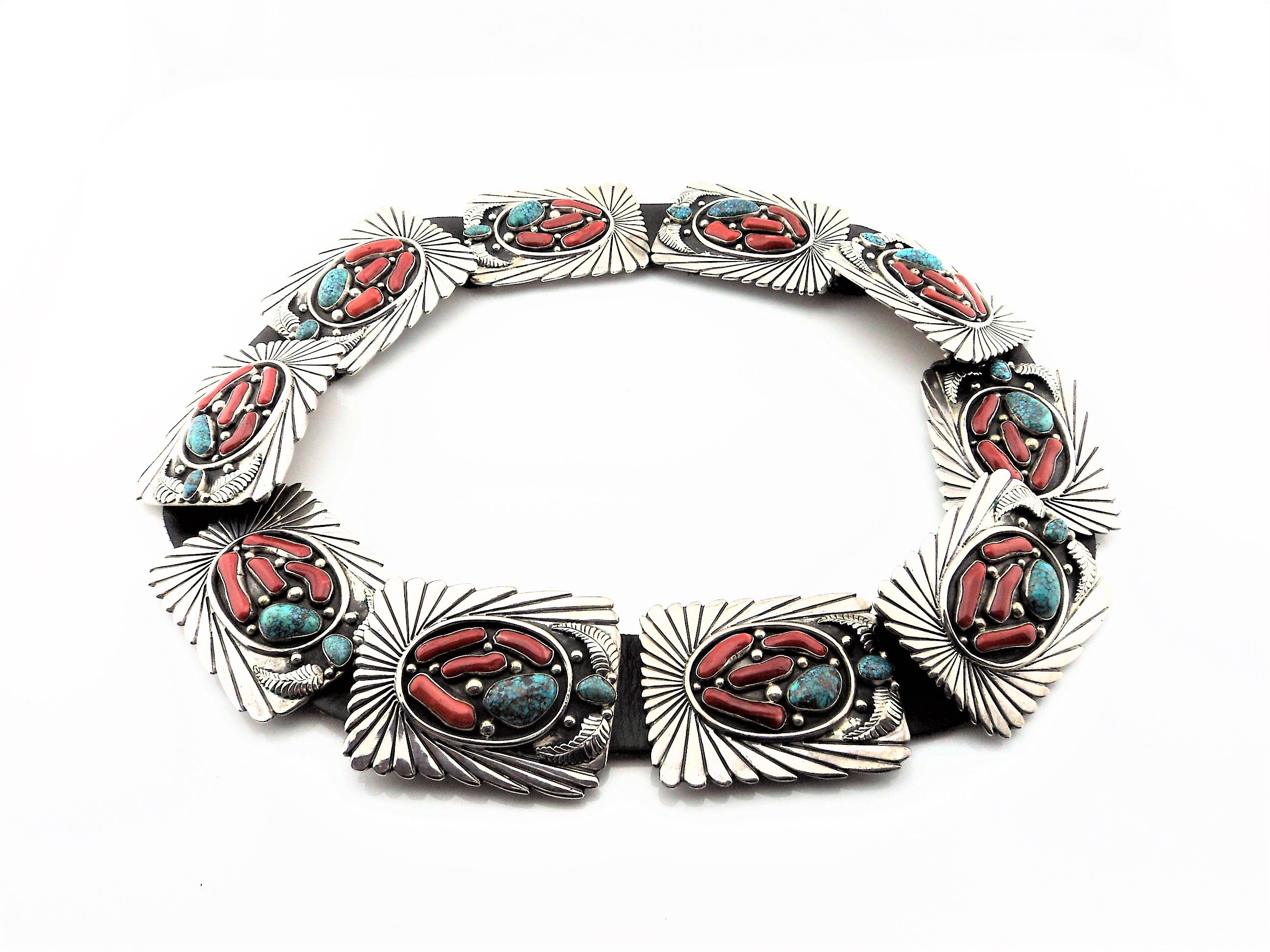 Abraham Begay Mediterranean Coral, Turquoise and Sterling Concho Belt