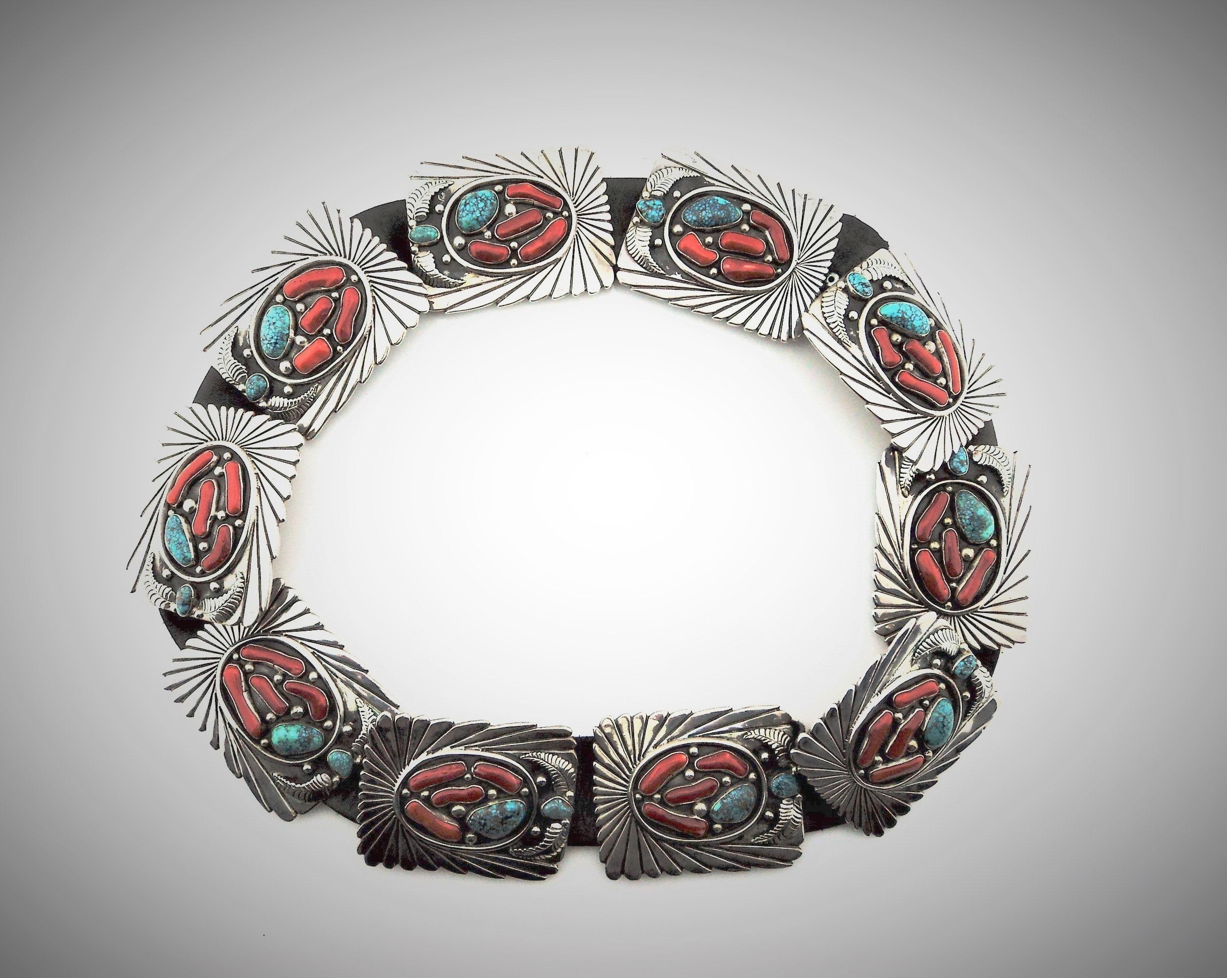 Abraham Begay Mediterranean Coral, Turquoise and Sterling Concho Belt