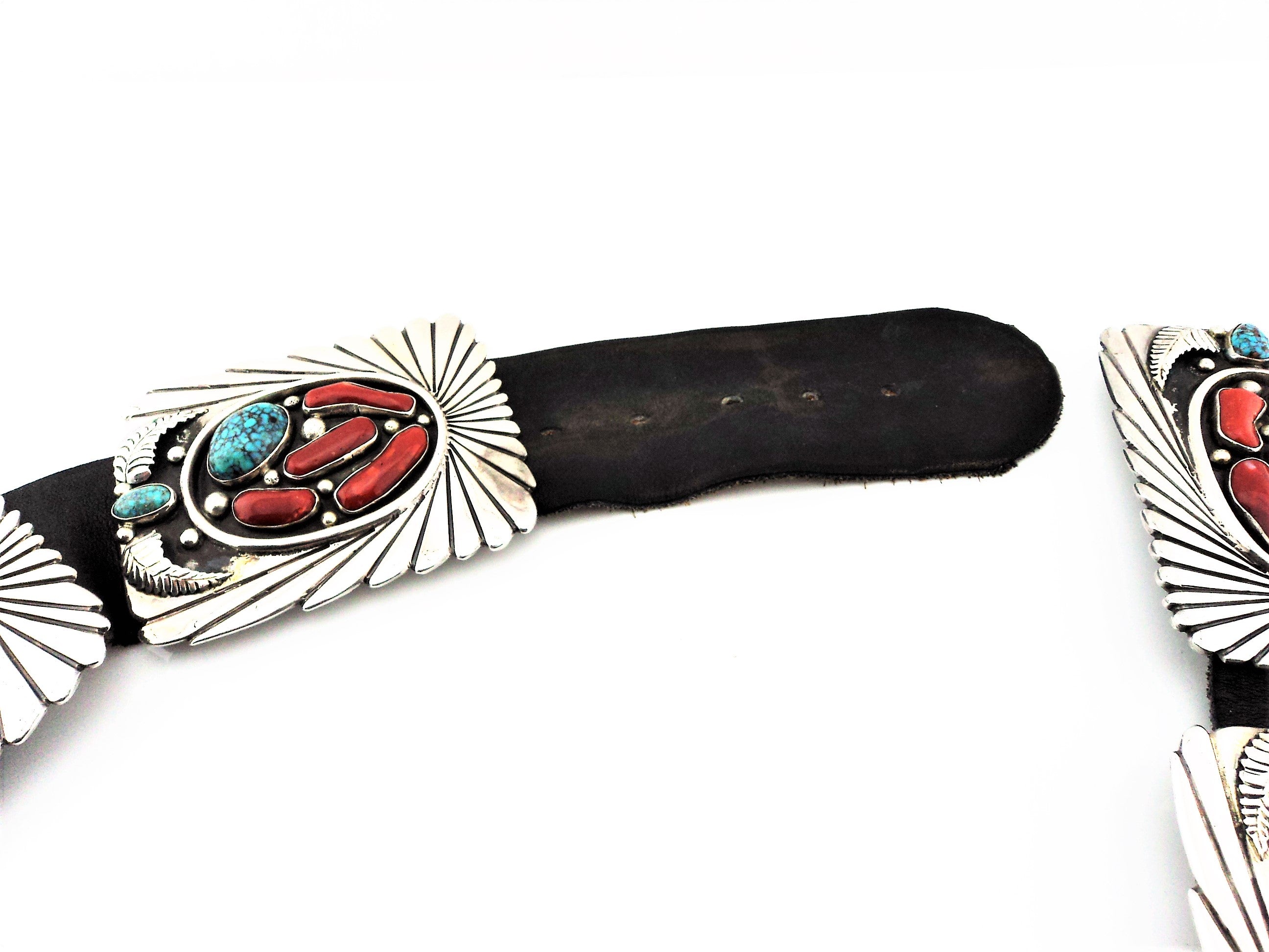 Abraham Begay Mediterranean Coral, Turquoise and Sterling Concho Belt