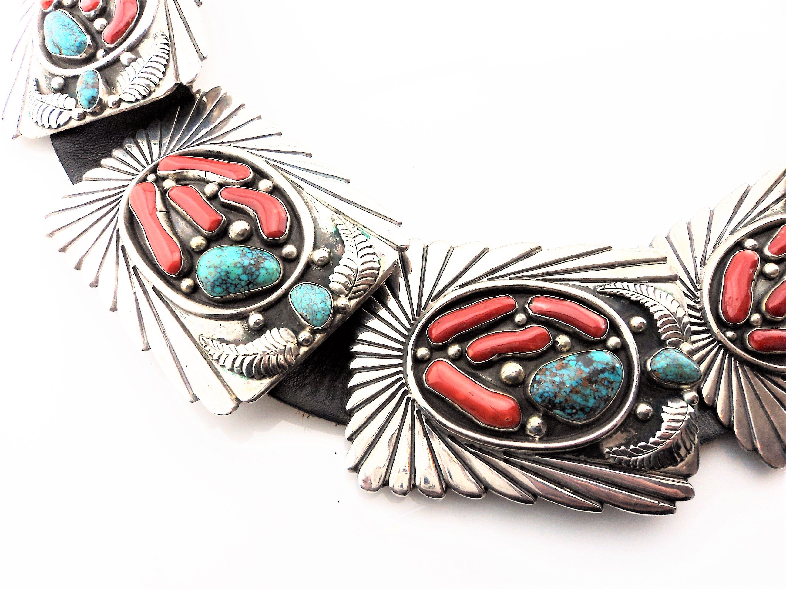 Abraham Begay Mediterranean Coral, Turquoise and Sterling Concho Belt